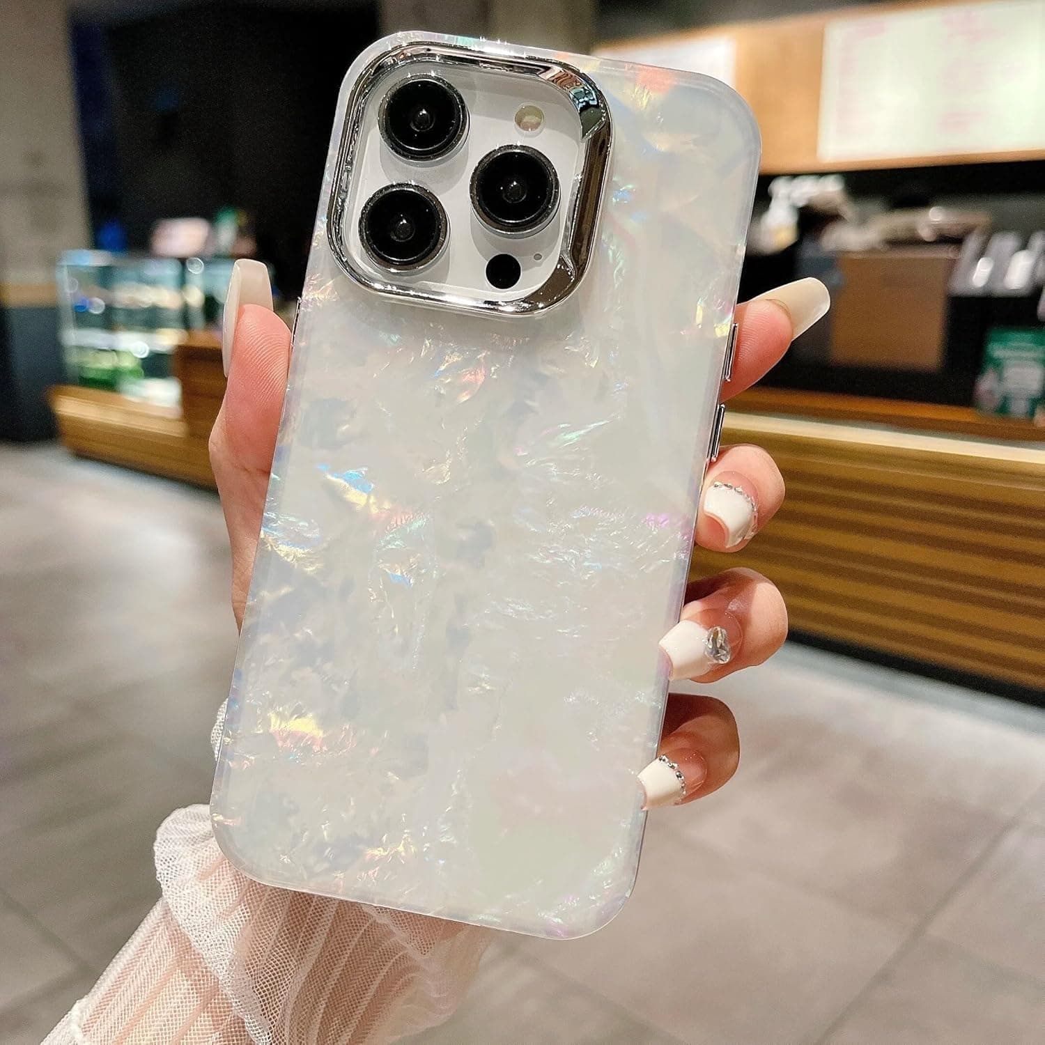 Case Creation Holographic Sea Shell Marble Glitter Case for iPhone 16 Pro Max, Luxury Laser Colorful Dreamy Hard Back Cover with Metal Camera Protection, Shockproof Shiny Bling Aesthetic Phone Case