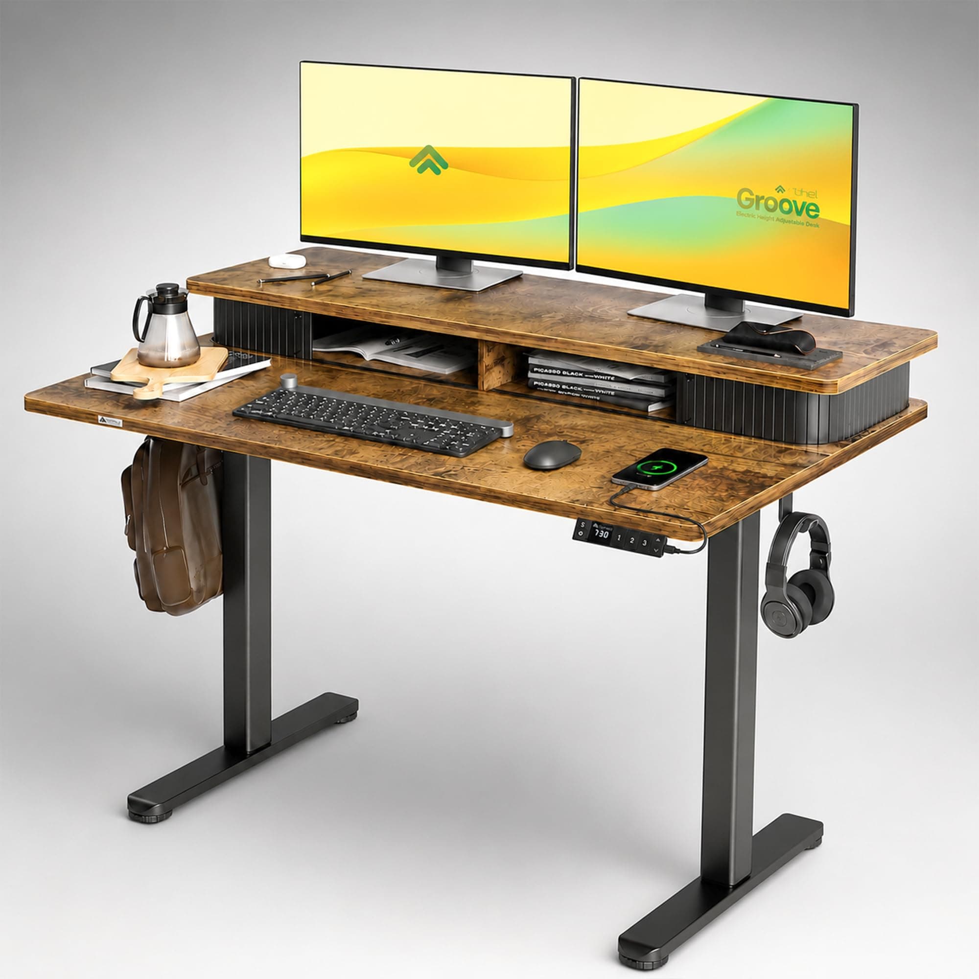 ARTIKEL Groove Electric Height Adjustable Standing Desk with Roller Shutter Door Storage| Sit-Stand Desk for Home Office |Ergonomic Workspace Table with Headphone Hook|120x63cm Brown, Engineered Wood