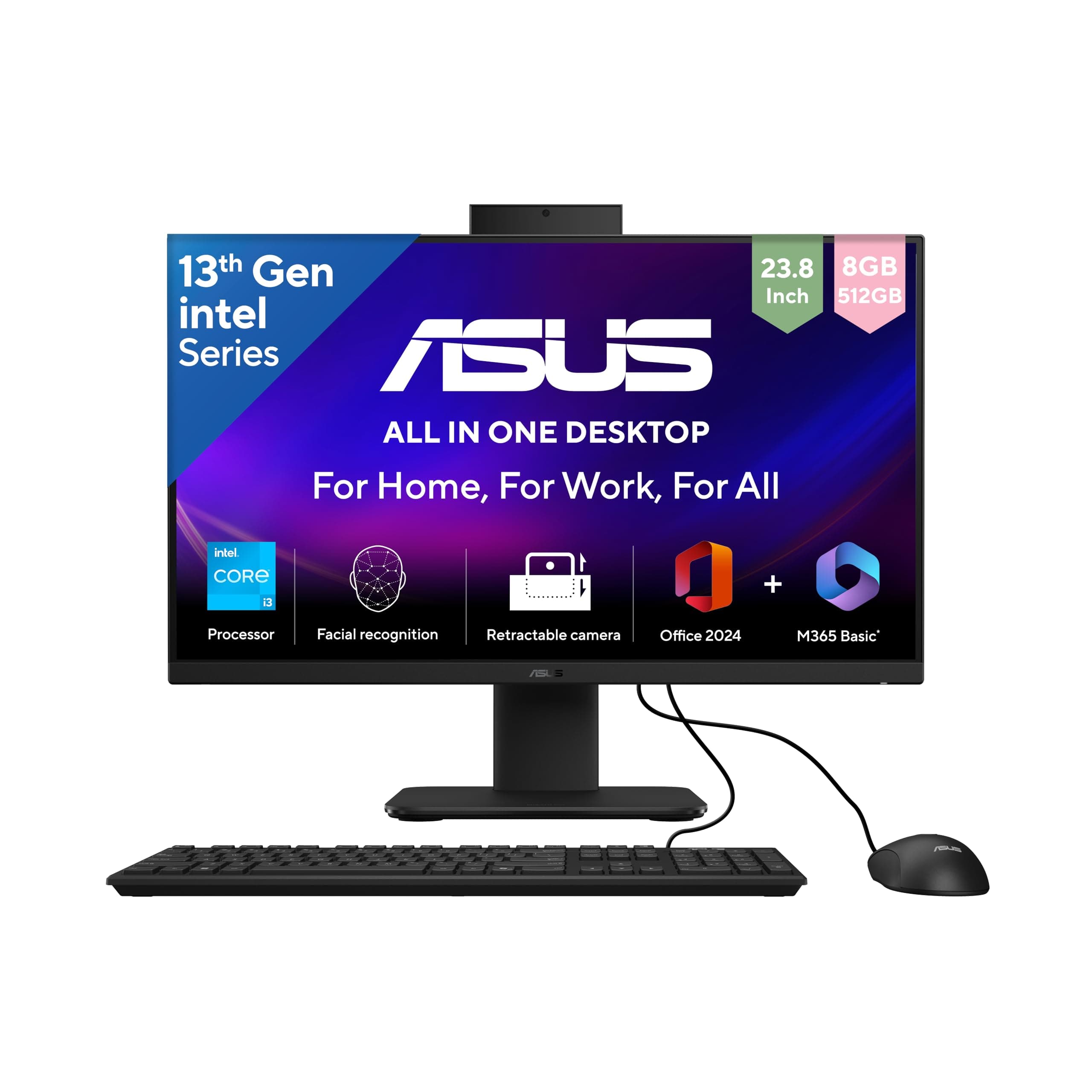 ASUS AiO V440,13th Gen Intel Core i3-1315U, 23.8" FHD,100Hz,All-in-One PC(8GB RAM/512GB SSD/Windows 11/Office 24/Retractable Camera/with Wired Keyboard & Mouse/M365 Basic (1Year)*) V440VAB-KBPC002WS