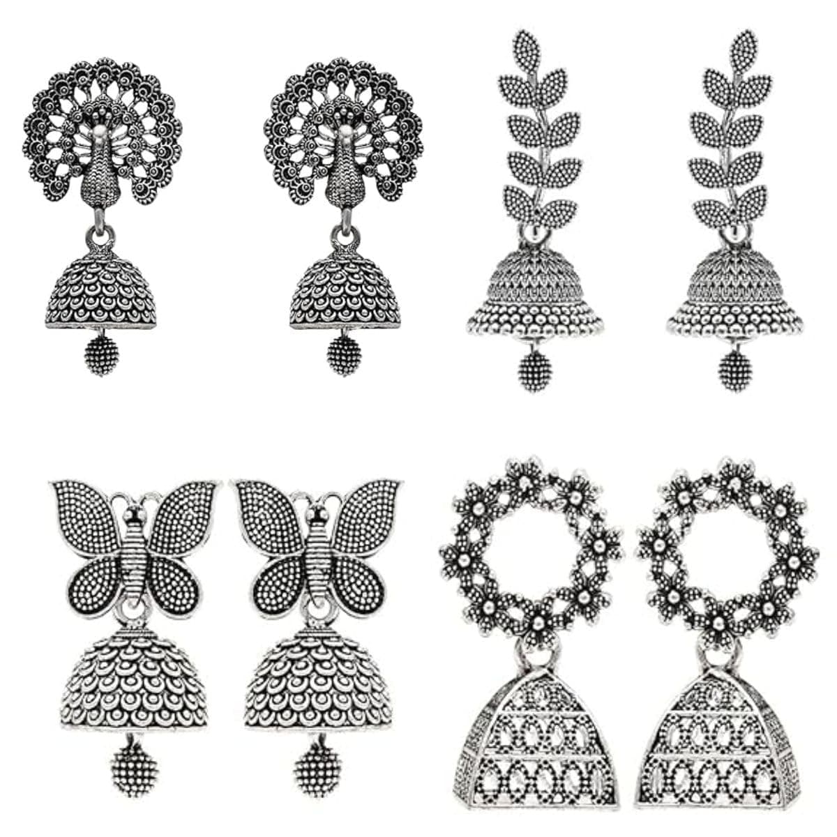 I Jewels Silver Oxidised 4 different Design Jhumka Earrings Combo For Women
