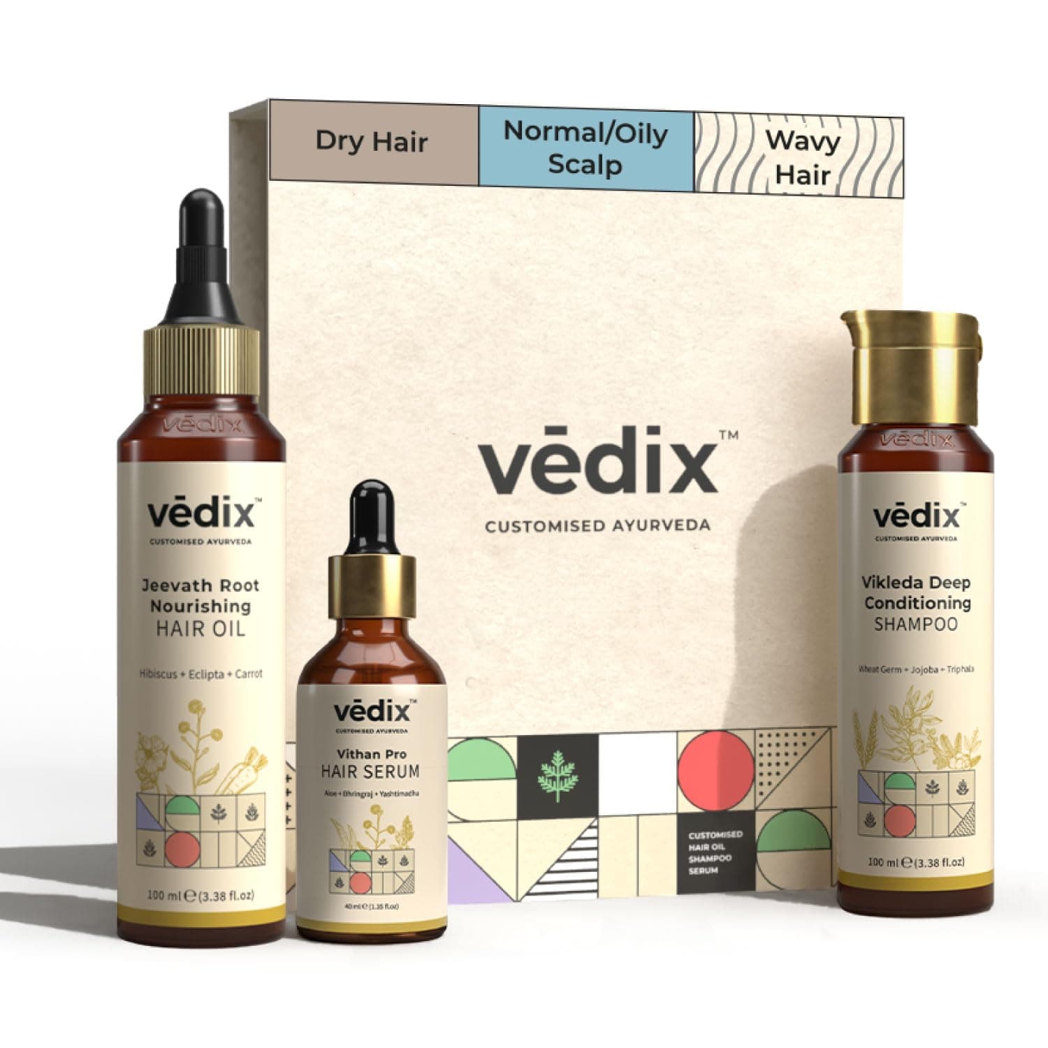 Vedix Customized Regimen For Dry Hair,Normal-Oily Scalp & Wavy Hair, Anti Hair Fall Oil Hibiscus + Eclipta - Ayurvedic Shampoo - Vithan Pro Hair Growth Serum, 240 Grams