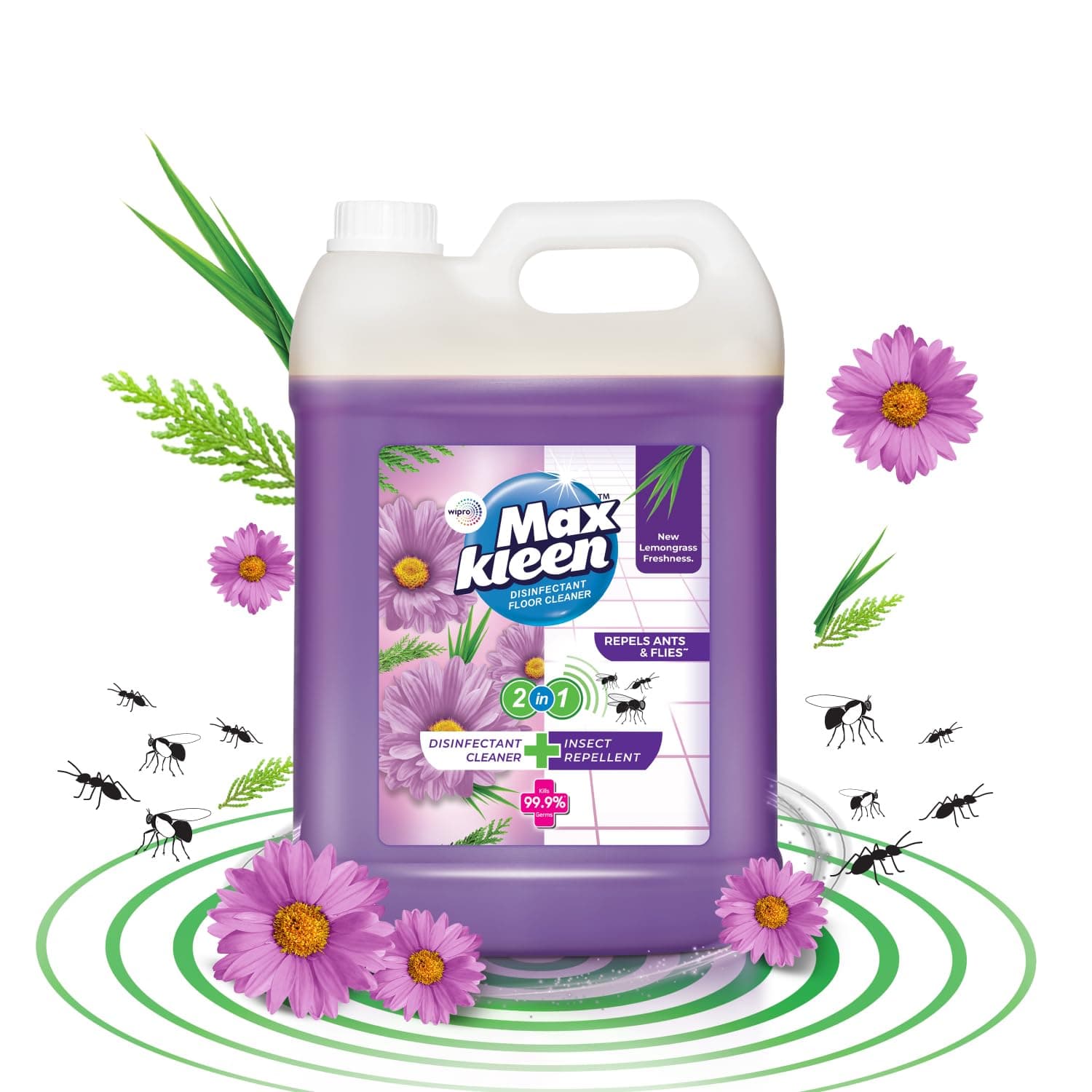Maxkleen 5 Litre - 2in1 Disinfectant Surface & Floor Cleaner Liquid +Insect Repellent with Natural Oils| Lemongrass Fragrance| Suitable for All Floor Cleaner Mops | Kills 99.9% Germs