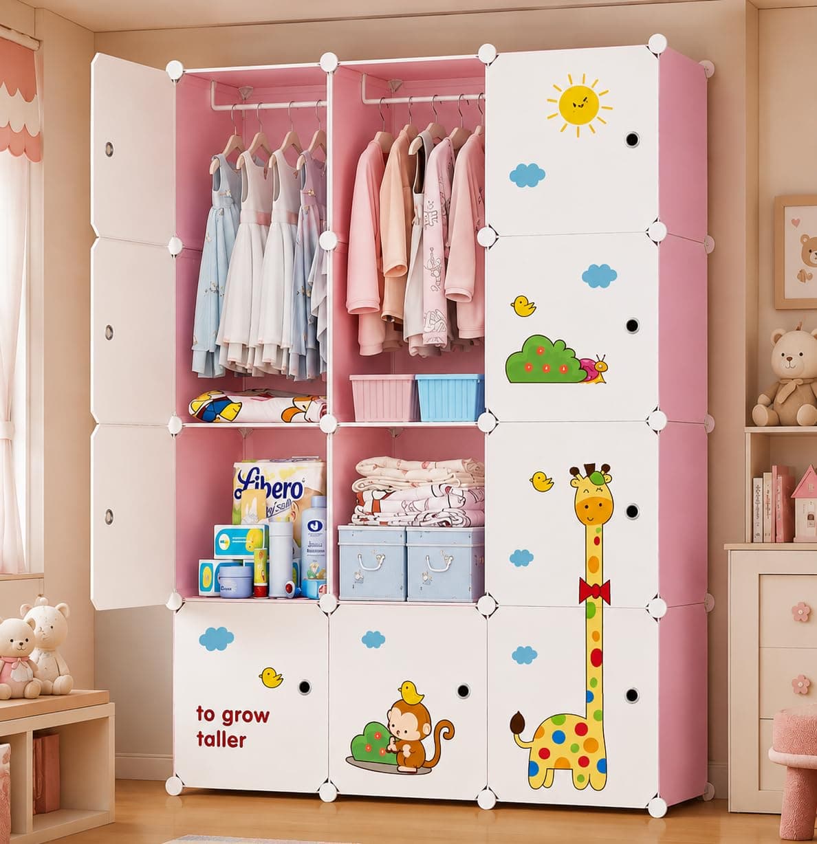 EXVITO Kids Plastic Wardrobe – 12 Door Foldable Almirah for Clothes with Hanging Rod, Collapsible Wardrobe Cartoon Print Cupboard for Baby & Kids Room - R5