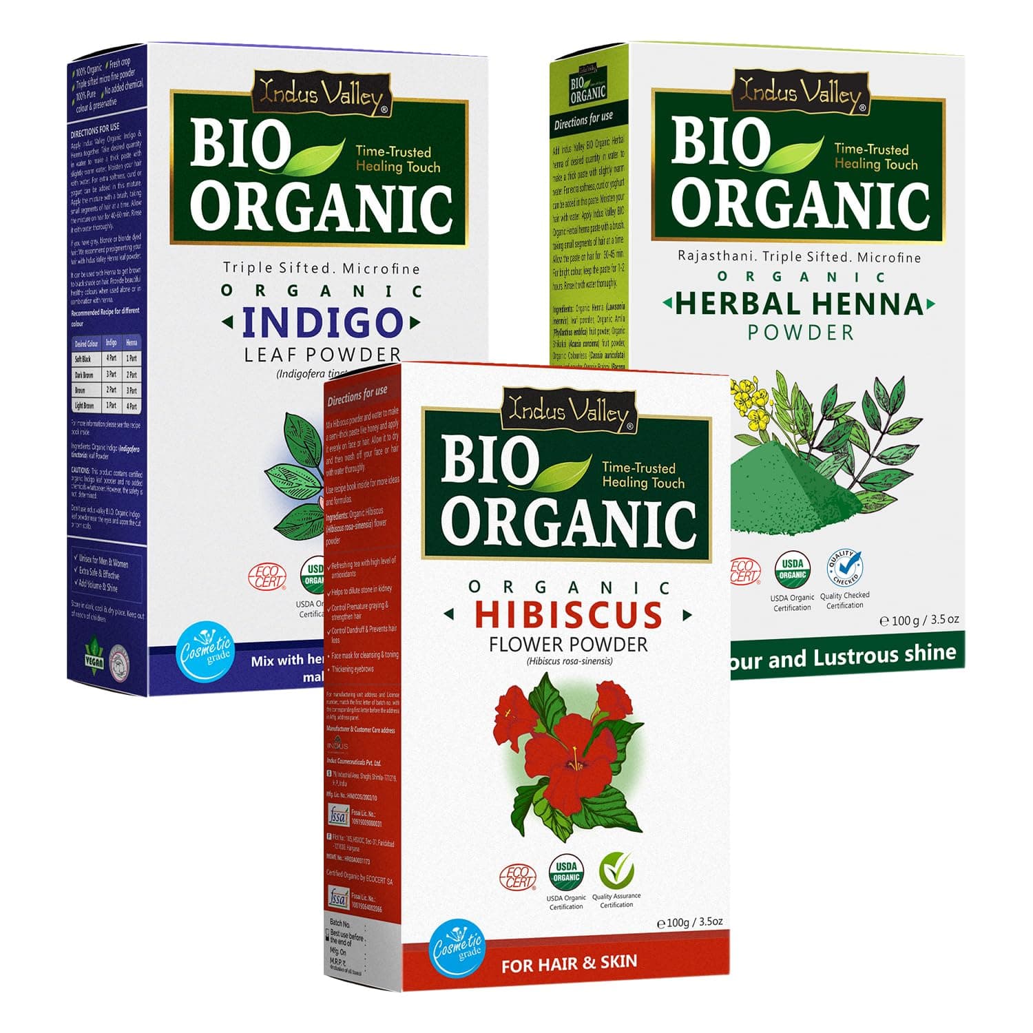 INDUS VALLEY Bio Organic Natural and Pure Indigo Powder | Indigofera tinctoria, Herbal Henna Powder with Hibiscus Powder for Hair Care - (100g*3= 300g)
