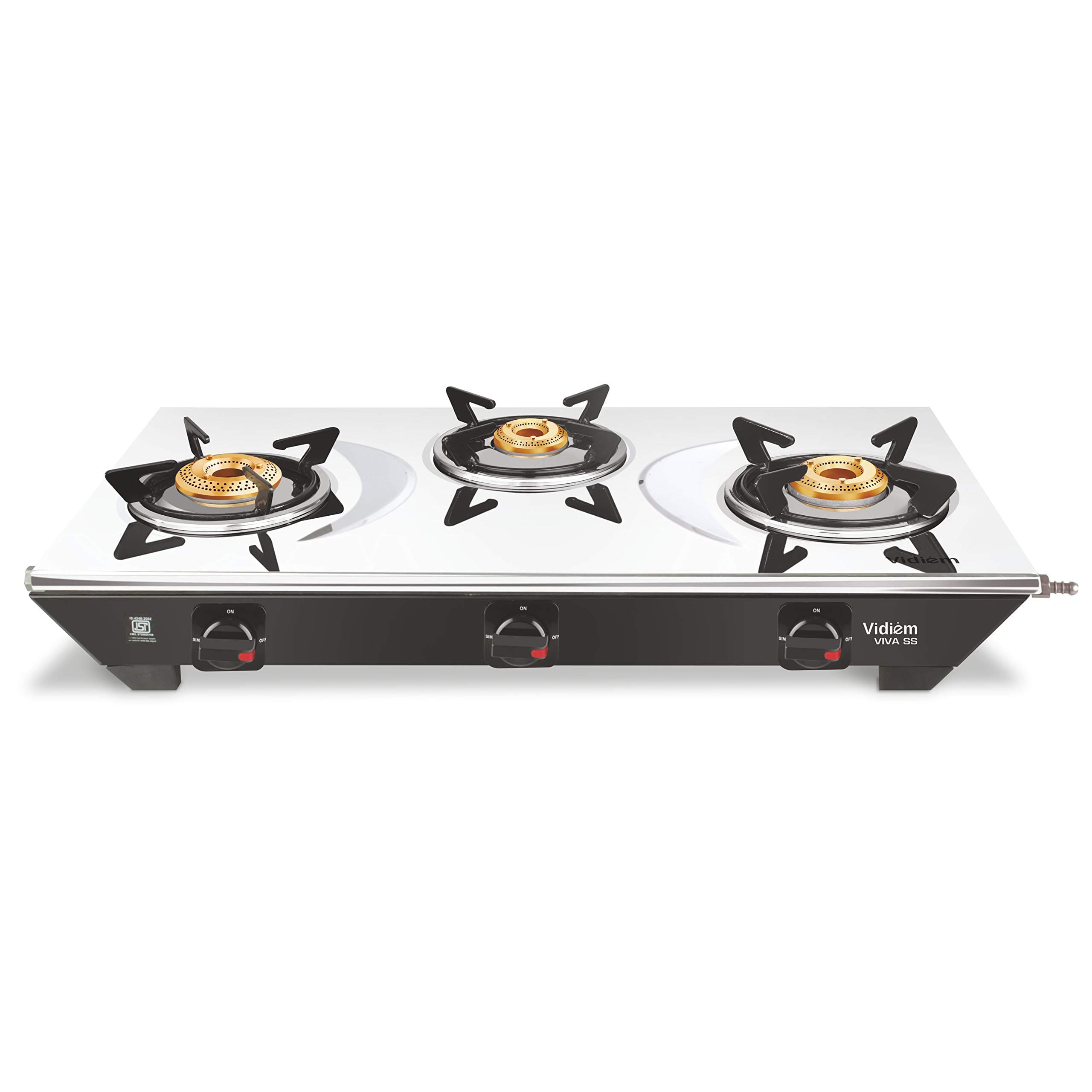 Vidiem Gas Stove Viva (Silver & Black) | 3 Burner Stainless Steel | ISI Certified | Manual Ignition | 5 Years Warranty (3 burner)