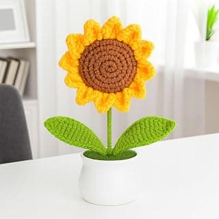 PANCA Crochet Sunflower Pot – Artificial Sunflower for Office Desk, Car Dashboard & Home Decor | Handcrafted Yarn Flower in Pot, for Wedding, Bedroom (Sunflower in White Pot)
