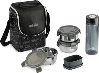 CELLO Complete Meal Lunch Box Set with Jacket For Office Use Black | 3 x 300ml Steel Container, 1 x 130ml Pickle Container, 500ml Water Bottle With Spoon & Fork | Airtight Tiffin Box Set For Daily Use