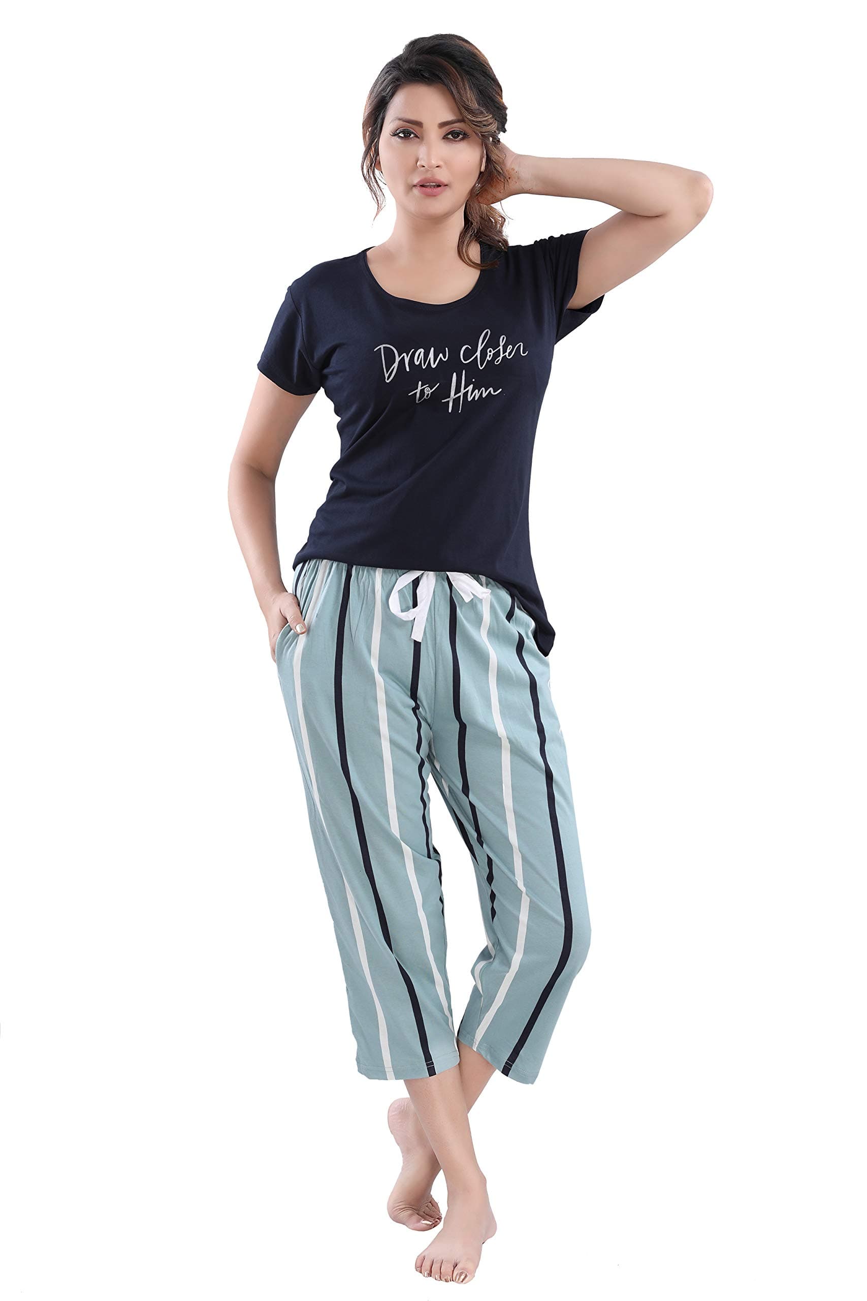 DZZO Cotton Night Suit for Women Girls | Women's Cotton T-Shirt & Striped Capri Set Pyjama Set Night Suit Sleepwear Nightwear Nightdress Loungewear for Women and Girls