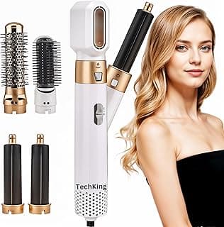 Techking 15 YEARS WARRANTY 5-in-1 Hair Styler & Hot Air Brush – Airwrap Styler with Negative Ion Technology, Adjustable Heat & Speed Settings for Straightening, Curling, and Volumizing - BROWN