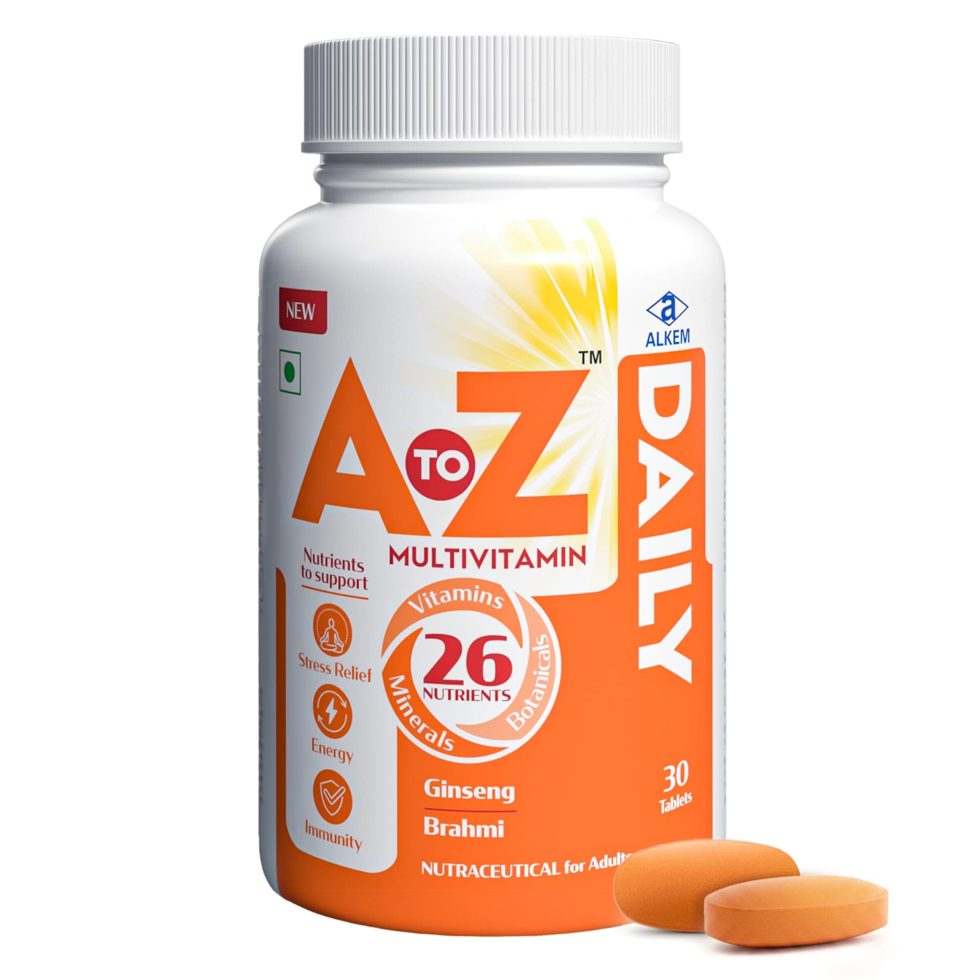 A to Z Daily Multivitamin & Multimineral Tablets | 26 Essential Vitamins & Minerals with Ashwagandha, L-Theanine, Brahmi & Ginseng | Complete Daily Nutrition for Energy, Immunity & Overall Wellness | Multivitamin for Men & Women | 30 Veg Tablets