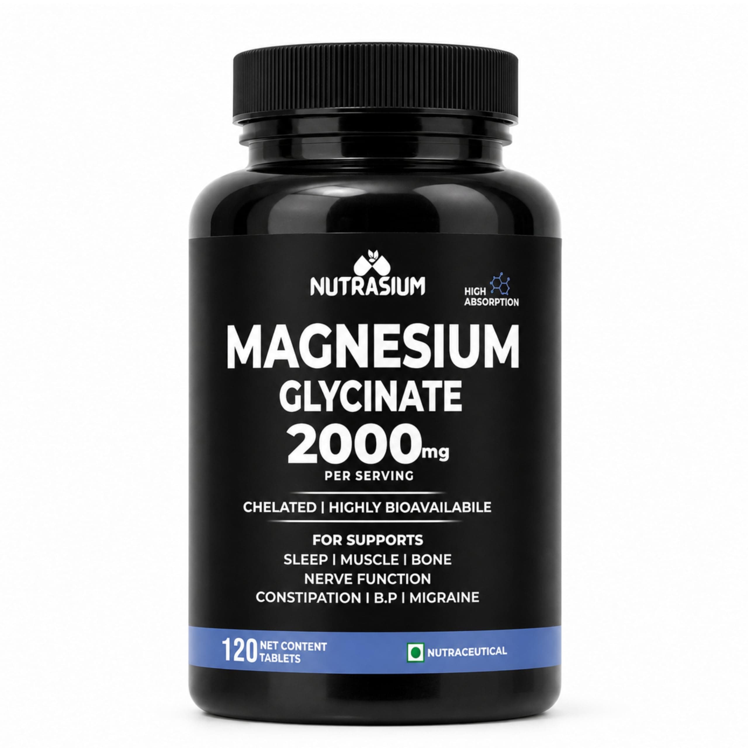Magnesium Glycinate 2000 mg Magnesium Supplement For Natural Sleep 120 Tab | Muscle Relaxation, Nerve Function, Heart & Bone Health, Stress & Calmness