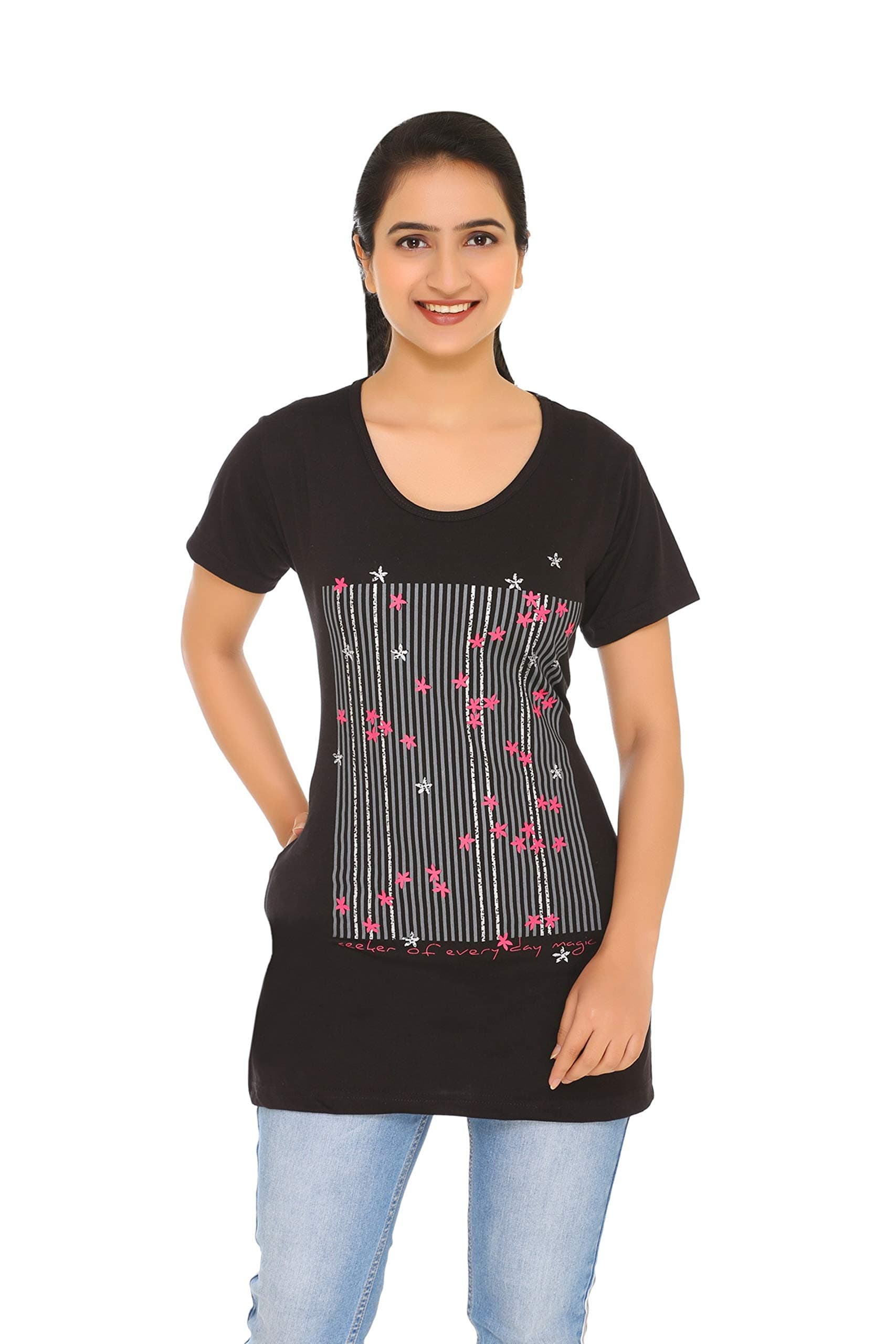 In Love Women's Graphic Printed Cotton Plus Size Longline T-Shirt Half Sleeve with Pockets Jet Black 3XL
