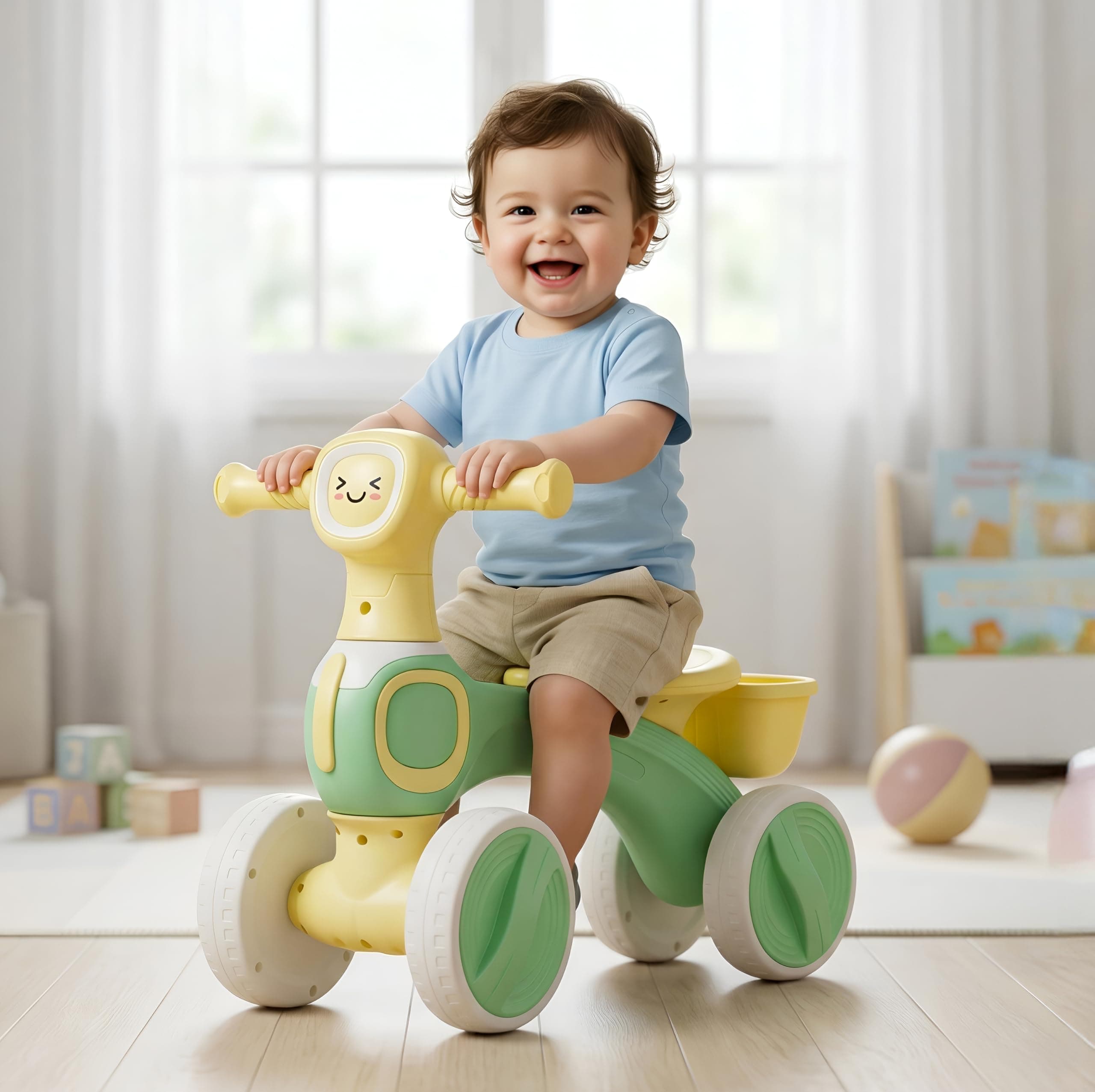 Kidsmate Tiny Glide Baby Push Ride On Toy with Rear Storage Basket | 4-Wheel Stable Design for Balance, Coordination & Active Growth | Perfect Toddler Mini Bike for 1-4 Yrs - Green Yellow