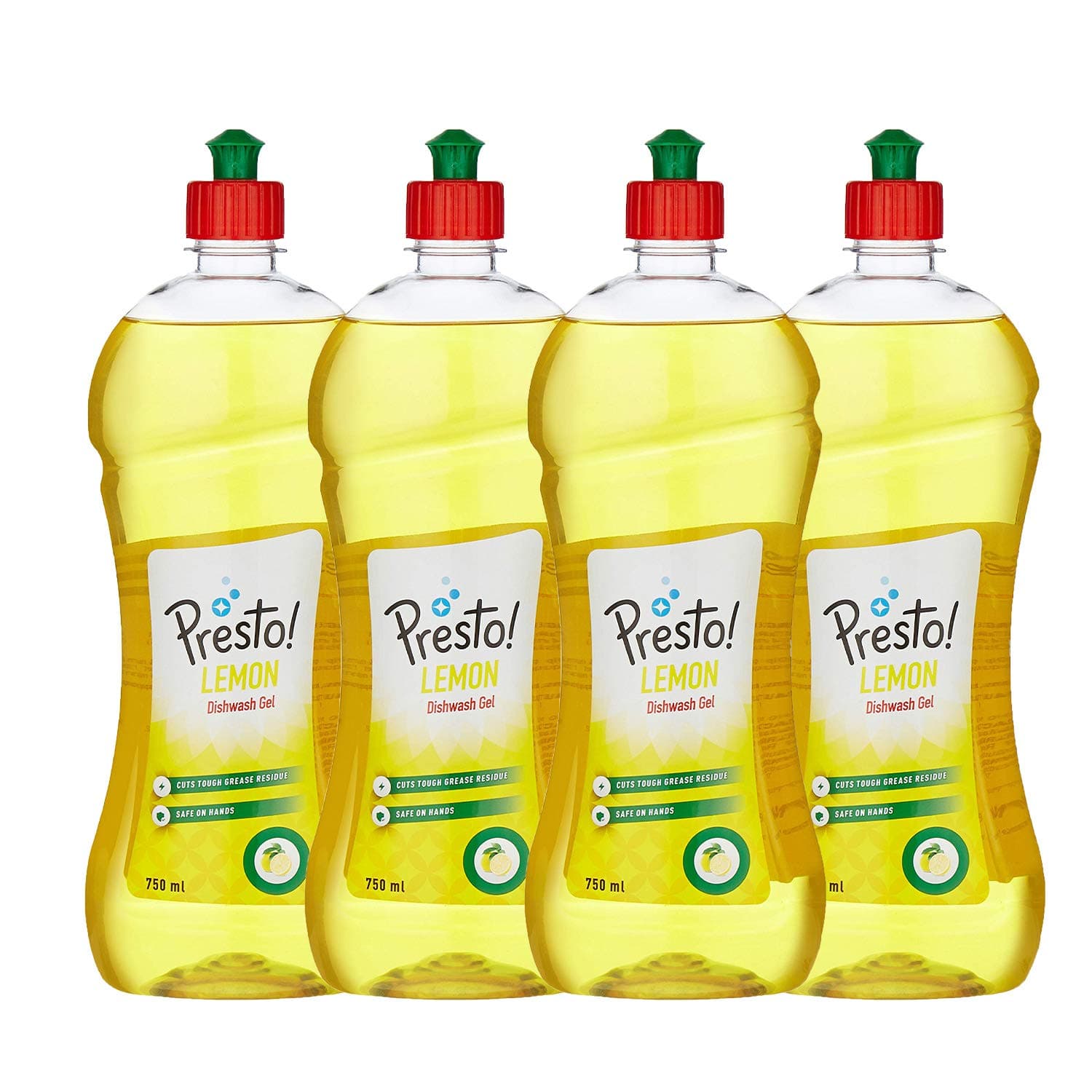Amazon Brand - Presto! Dishwash Gel | Lemon | 3 Litre | 750 ml x 4 Bottles | Dishwash Liquid | Cuts Through Grease | Safe on Hands