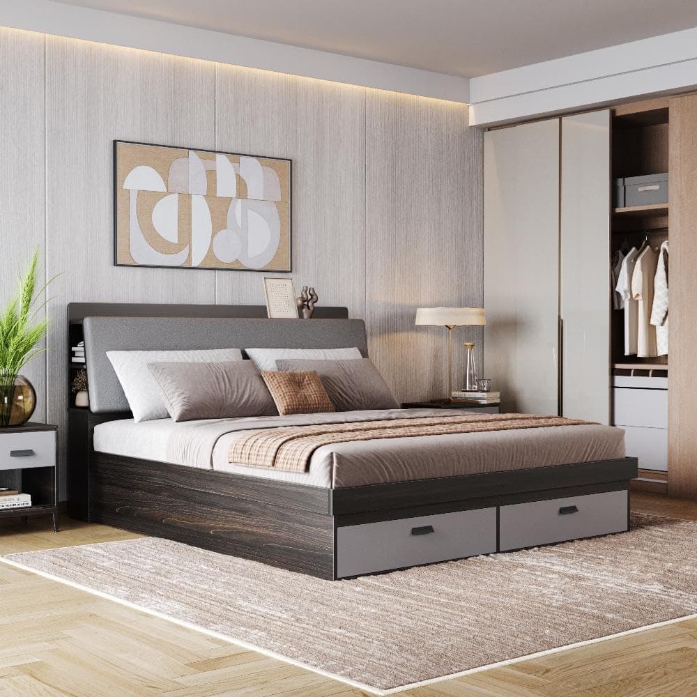 Wakefit Bed | 3 Yr Warranty | King Size Bed, Comes with Storage Box, Foam-Cushioned Upholstery Headboard with Charging Slot, Headboard Storage & Drawer Storage, Density: 680–750 kg/m³ (Atlas78x72-WM)