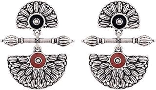 VOYLLA Brass Silver Oxidised Mandala Design Lightly Embellished Drop Earrings for Women and Girls