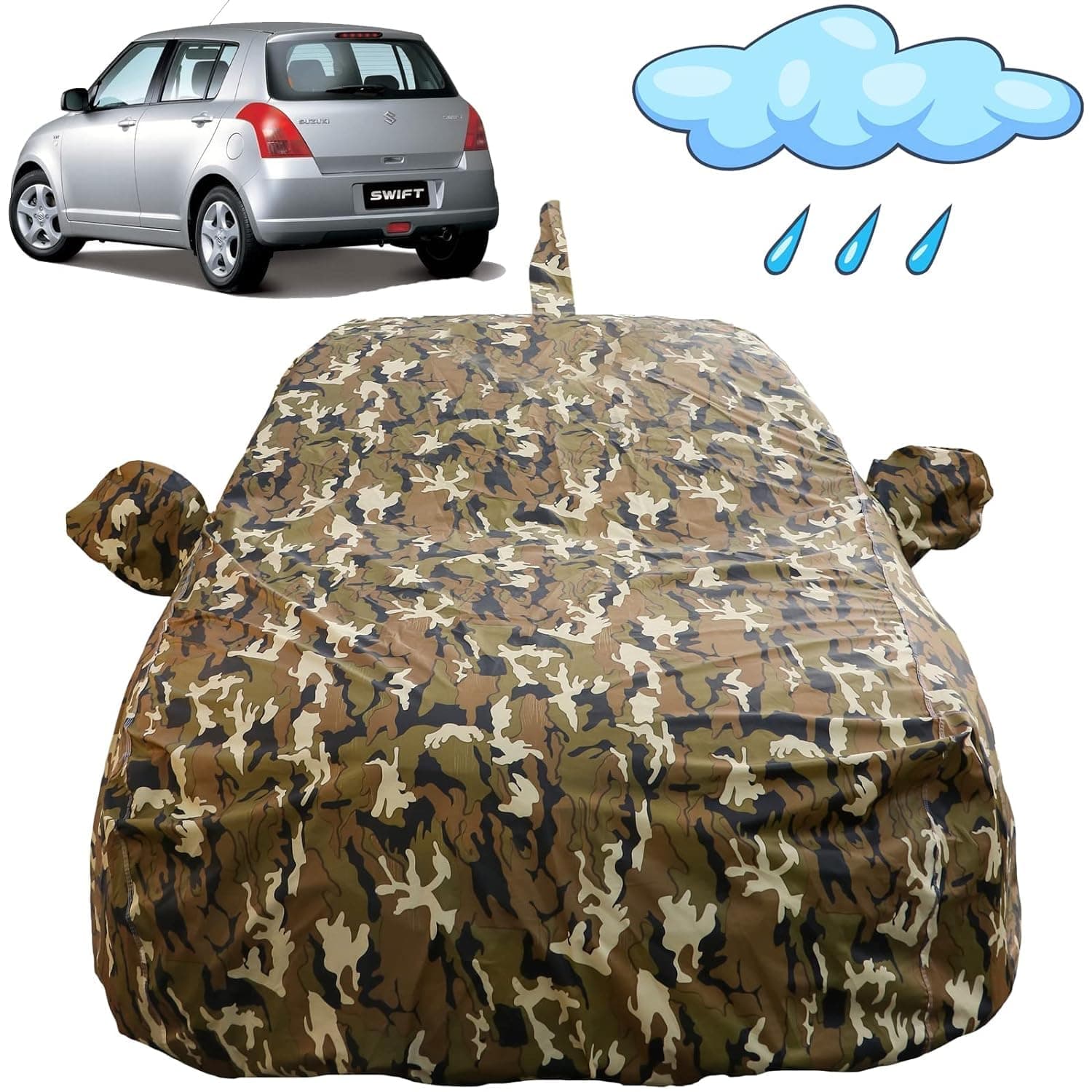 Autofact 100% Waterproof Car Body Cover Compatible with Maruti Swift (2005 to 2017) Including Mirror and Antenna Pockets (Camouflage Design).