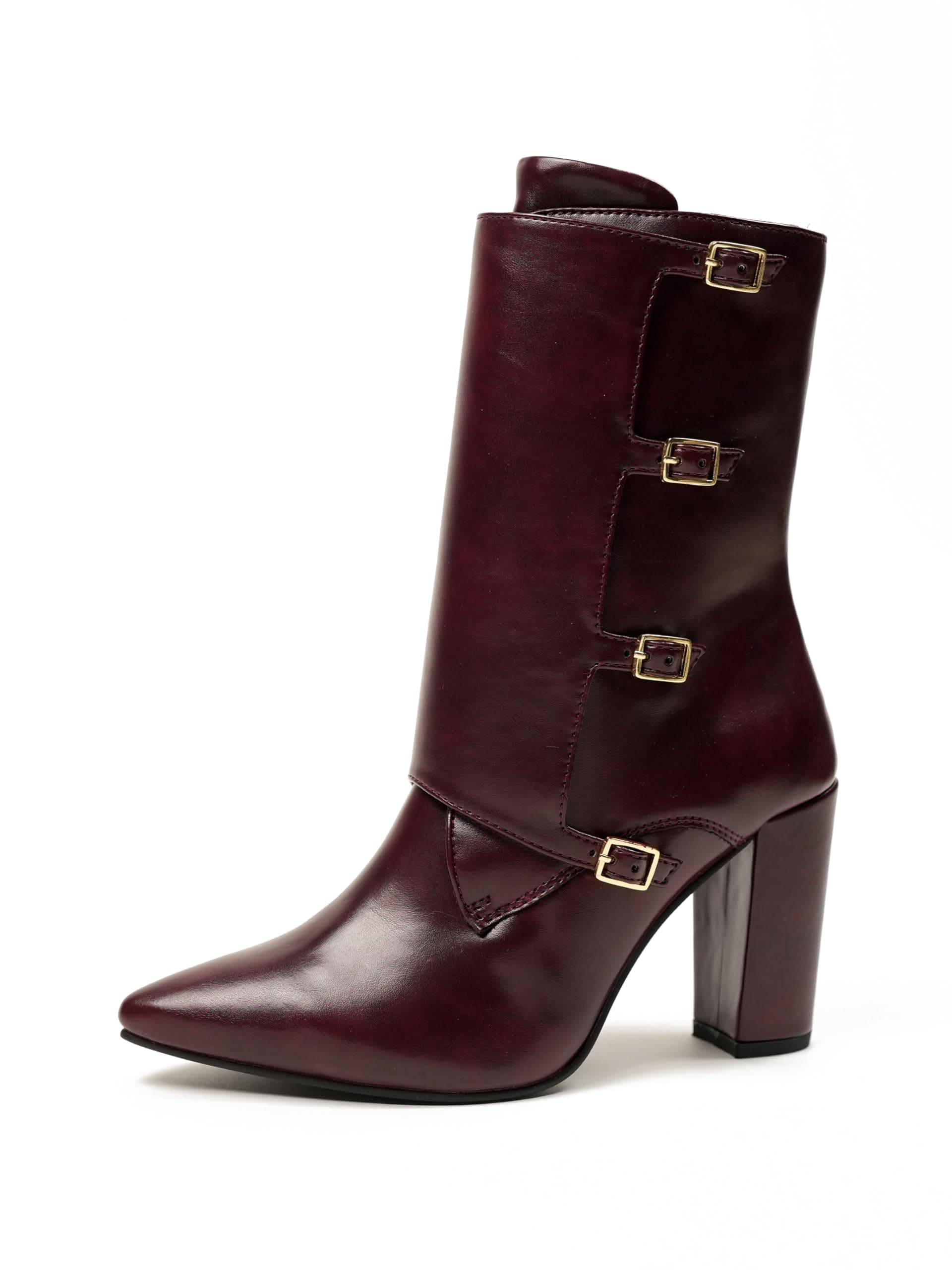 Theater Women Burgundy Chunky Block Heel Boots | Pointed Toe | Buckle Strap Design | Formal & Causal Wear