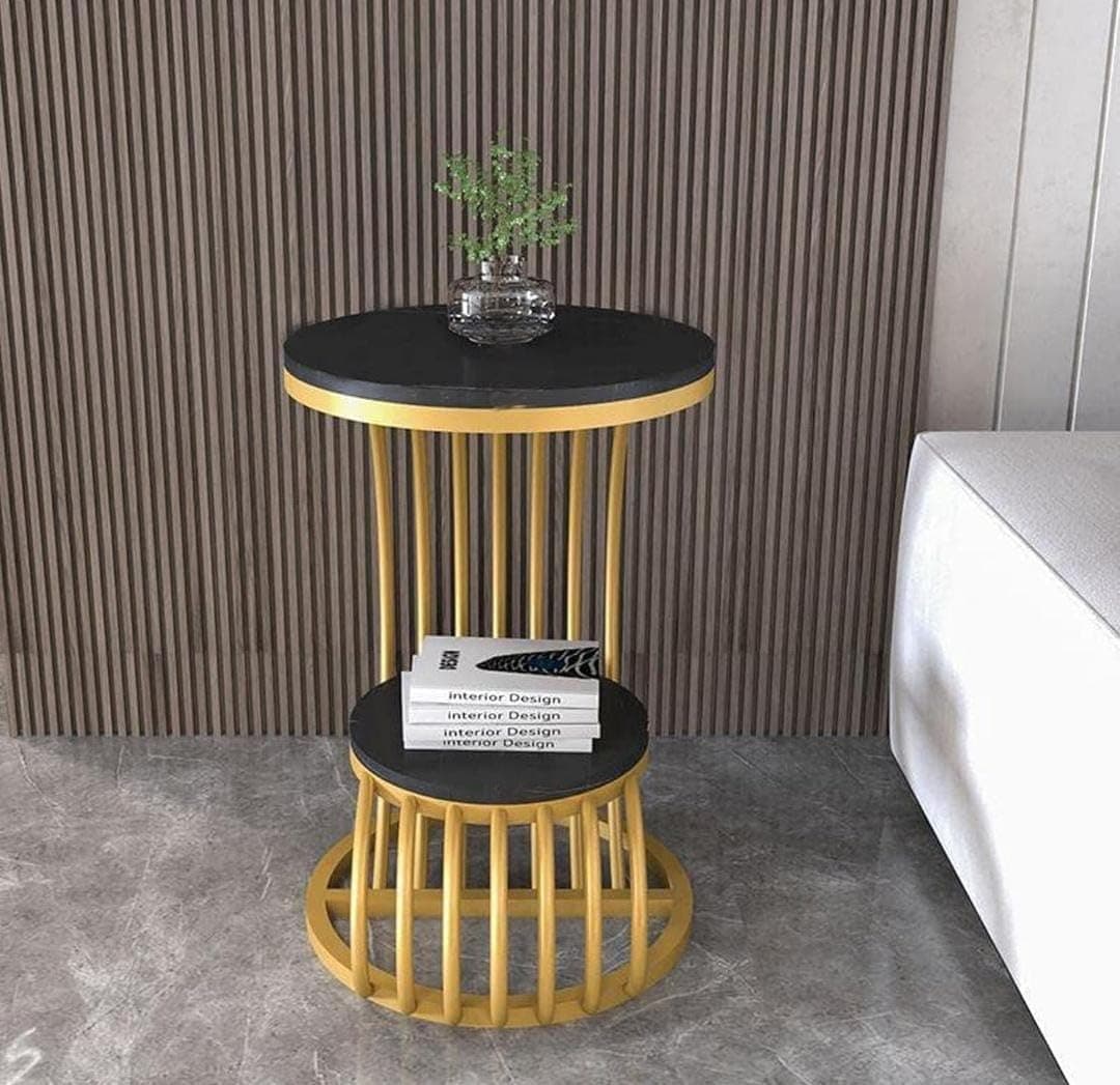 Furniture Cafe Modern Round Accent Table | Compact Side Coffee Table with Engineered Wood Top & Metal Frame | Bedside & Sofa Table for Living Room (Black & Golden)