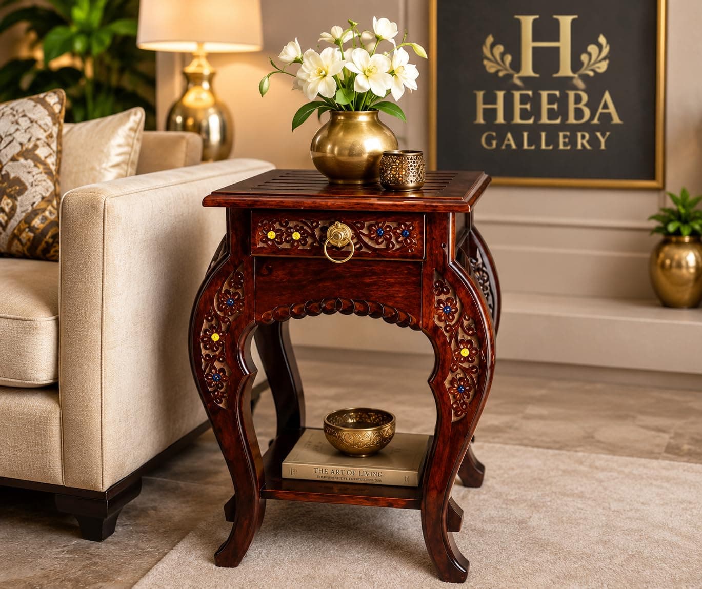 HEEBA GALLERY Wooden Stool Natural Wood Antique Look Side Table with Drawer for Living Room Brown 14 x 14 x 21 inch