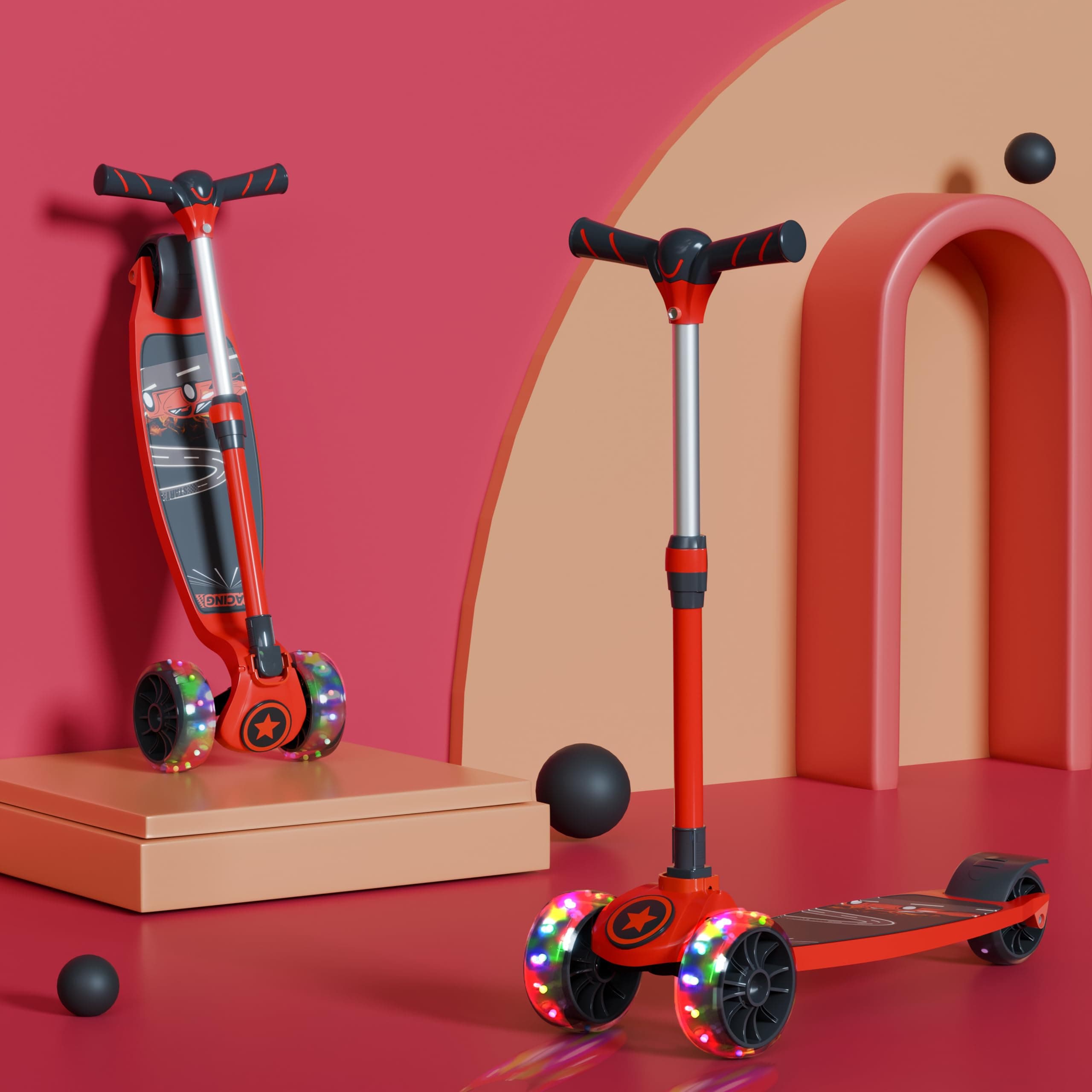 Cockatoo Rocket Racer LED Scooter for Kids 3-12 Years, Kids Scooter with 40MM Led Lights in PP+PU Wheel, 4 Adjustable Height Scooter, Up to 50 Kg Weight Capacity Red