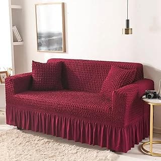 Lukzer 320 GSM Wine Red 3 Seater Turkish Sofa Cover Universal Couch Protector Bubble Fabric with Frill Universal Big Elasticity Furniture Slipcover (210-260cm/SC-098-03)