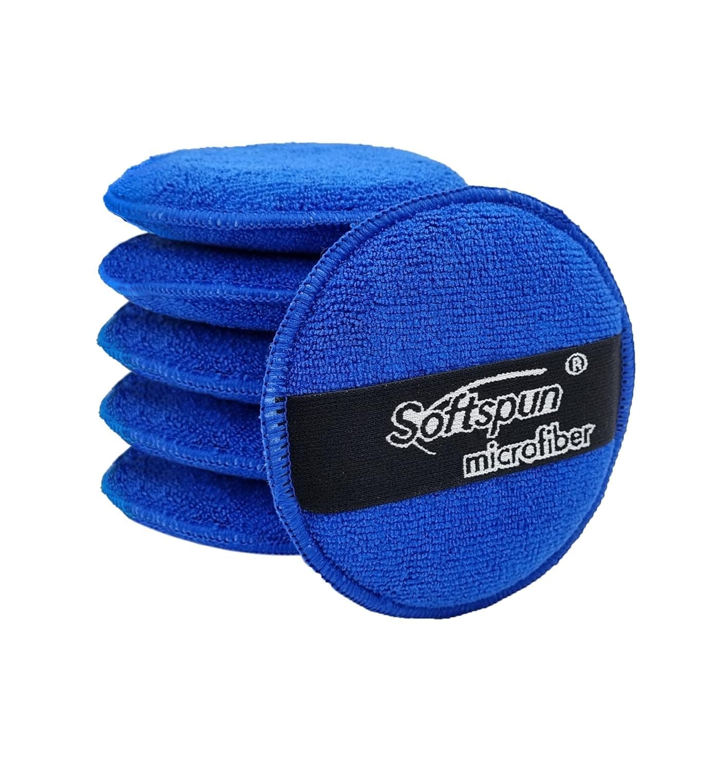 SOFTSPUN Microfiber Reusable Round Polishing Pad, 6 Pieces Set 340 GSM (Blue). Multipurpose. Ultra-Soft Application Pads with Finger Band Perfect Cleaning for Car, Bike, Window and More.