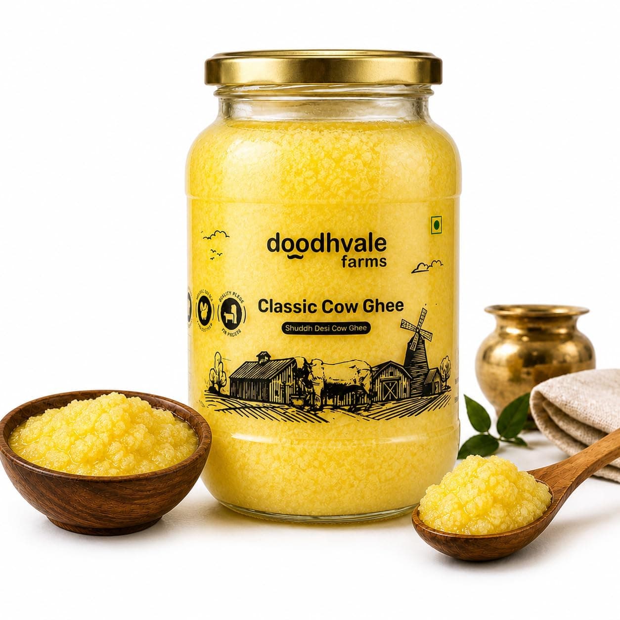 Doodhvale Classic Cow Shuddh Bilona Ghee | 900ml | Pure Desi Cow Ghee | Traditional Hand-Churned Bilona Method | Grass-Fed, Danedar A2 Ghee | Natural, Preservative-Free, Lab-Certified