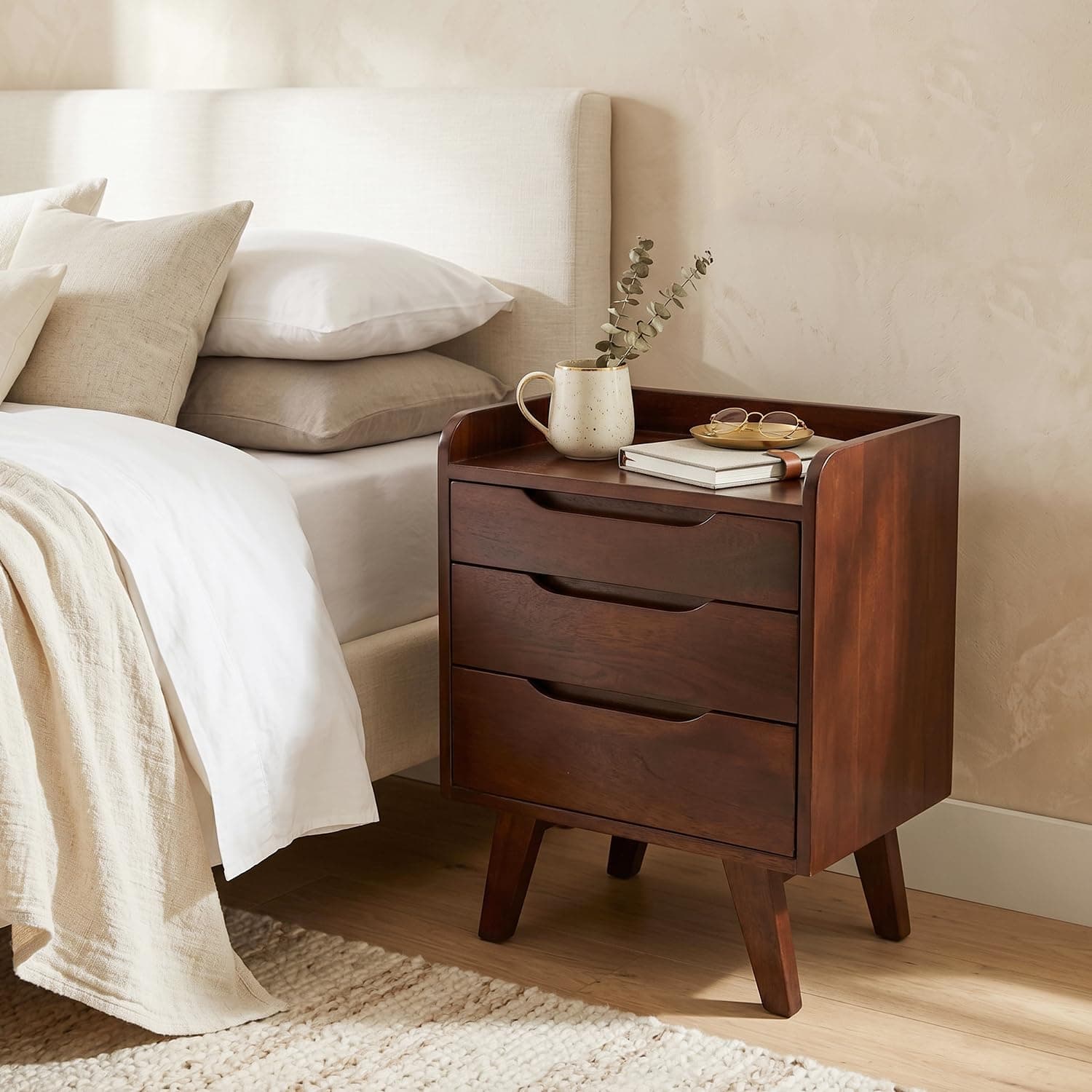 SHIKHA WOOD CRAFT Sheesham Wood Bedside End Table with 3 Drawer Storage Wooden Night Stand for Bedroom Living Room Home (Rosewood Finish)