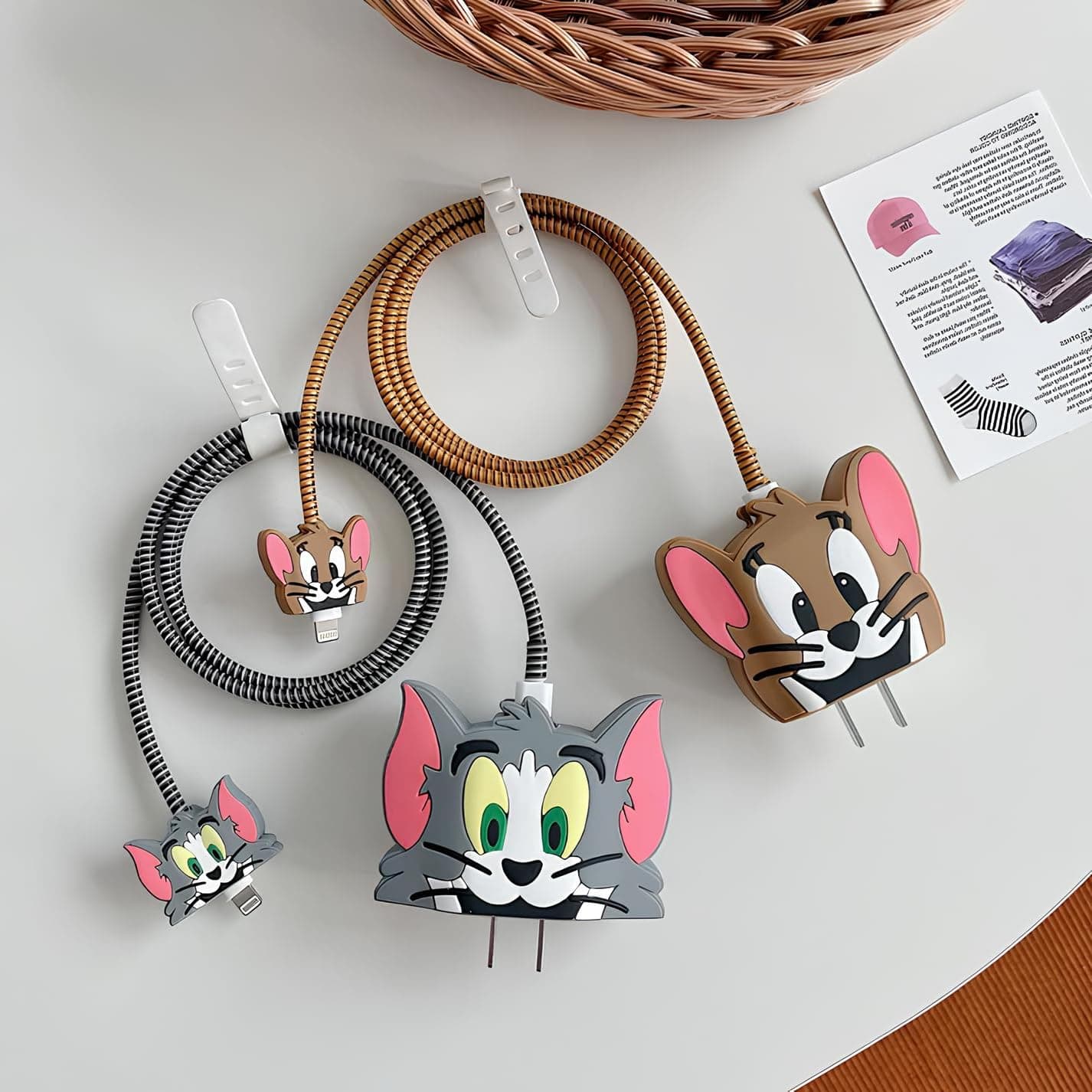 Cerlink Charger Protectors Combo Case for Apple iPhone Chargers 18W/20W, 3D Cartoon Protective Silicone Cover 4 in 1 Fully Charger Protection USB Data Cable Wire Saver Set-2 (Tom & Jerry)