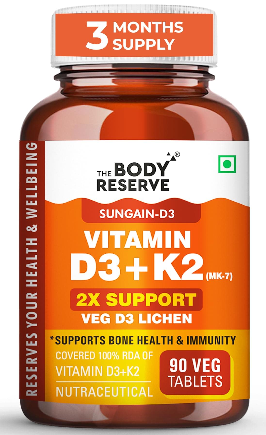 The Body Reserve Vitamin D3 K2 MK7-90 Veg Tablets, 100% RDA Plant-Based Vitamin D3 Supplement from Lichen Source with Vitamin K2 as MK7 Menaquinone