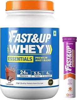 FAST&UP Essentials Whey Protein Isolate Blend (Rich Chocolate flavour) & Fast&Up Vitalize Mutivitamin Supplements, 20 Tablets - Orange Flavor