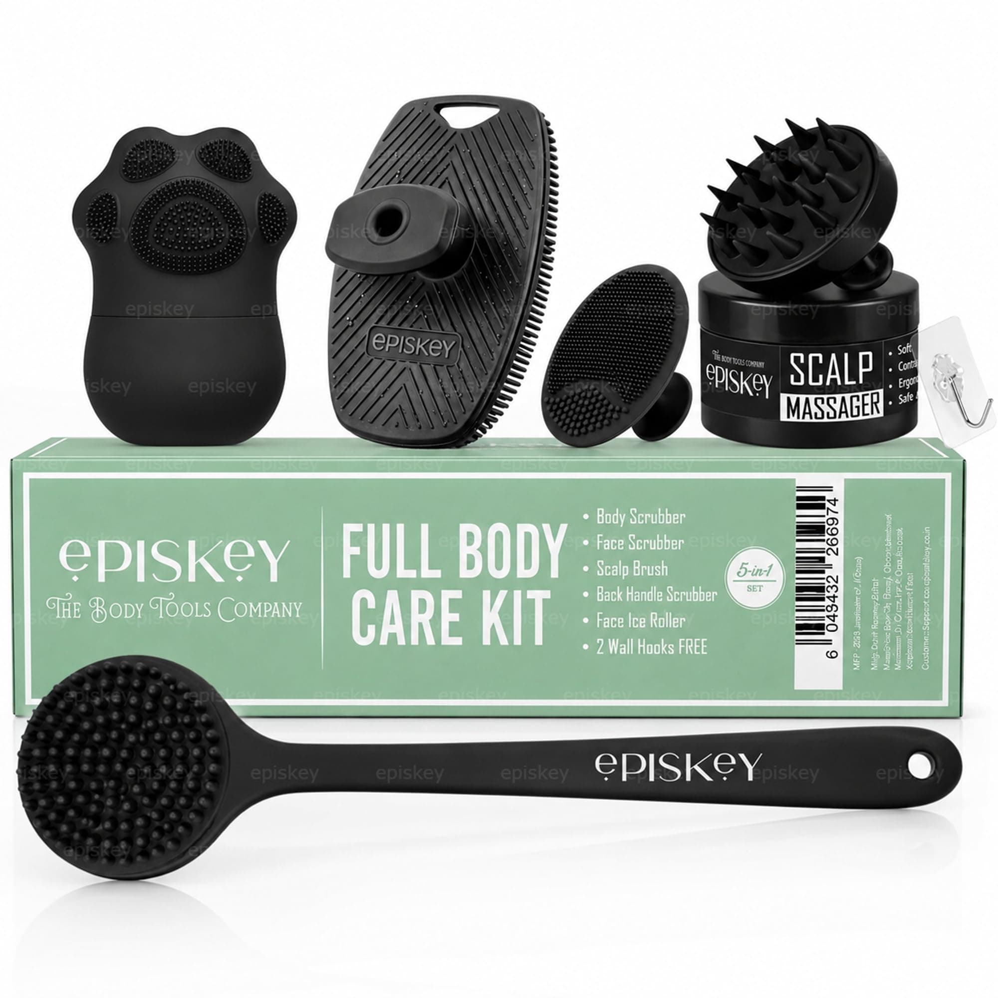 Episkey Soft Silicone Back Scrubber Long Handle Bath Brush + Body Scrubber Bath Brush + Scalp Massager for Hair + Face Scrubber Brush + Ice Face Roller Combo, Super-Exfoliating & Lathering Body Scrubber, Shower Brush | BPA-Free | for Men and Women (With A Free Hook 2-pcs)