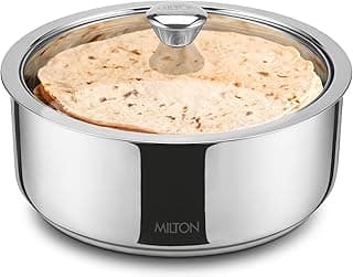 MILTON Castella II Stainless Steel Roti Casserole | Double-Walled Insulated Food Server | Easy-to-Carry Hot Box for Kitchen | Chapati, Paratha Storage | Serving Casserole with Glass Lid | 2500 ml, Silver