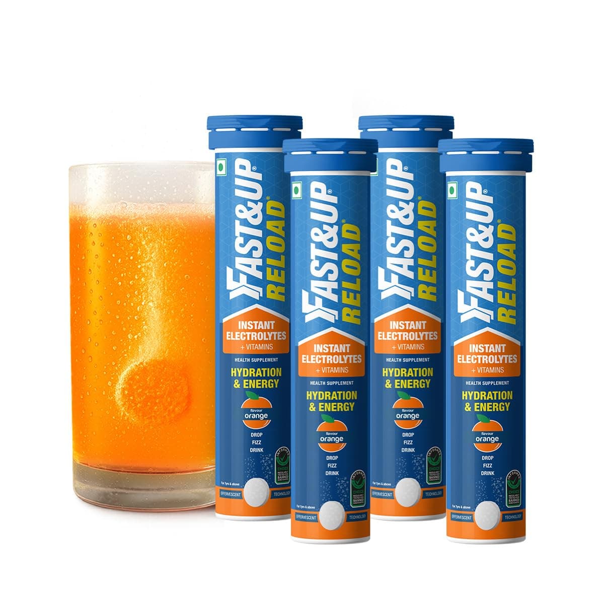 Fast&Up Reload (20 Litres) Low Sugar energy drink for Instant Hydration - 80 Effervescent Tablets with all 5 Essential Electrolytes + Added Vitamins - Certified Electrolytes Drink - Orange flavour