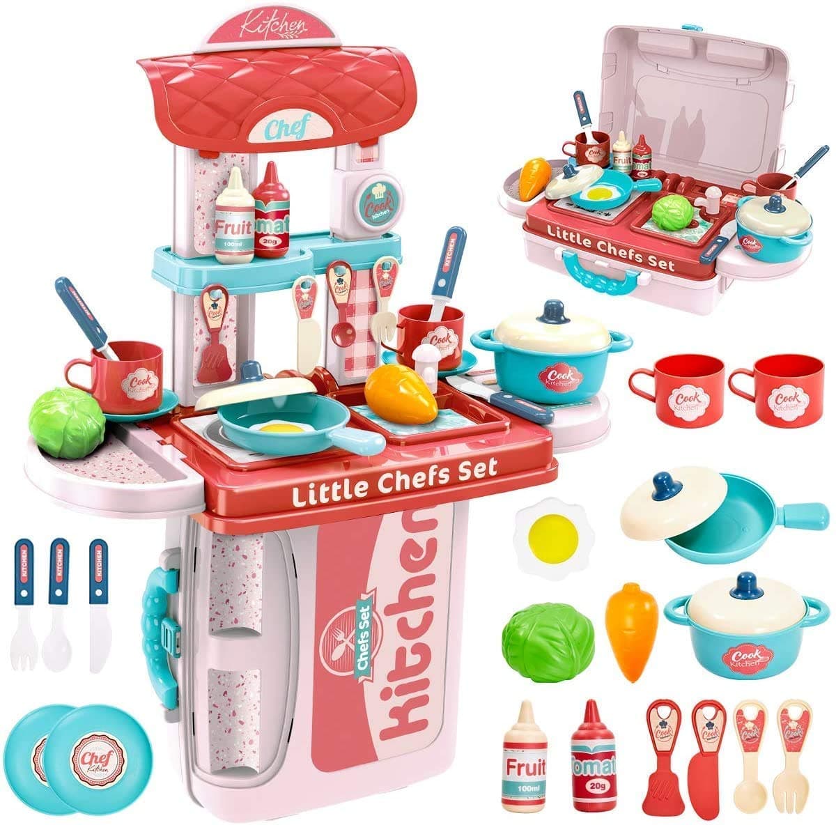 LONGMIRE Plastic 42 Pcs Big Size Kitchen Playset | Musical & Light Kitchen Set Toy for Kids with Sound and Accessories Set for 4 Year Old (Tool Suitcase)