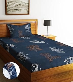 Home Sizzler 210TC Midnight Bloom Elastic Fitted Single Bedsheet (72X36 Inch) with 1 Pillow Cover, Blue