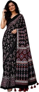 Kryone Collection Ajrakh Modal Silk Saree for Women | Mirror Work Black Saree | Gajji Silk Red Pallu Tassels | Designer Sarees for Women Party | Ajrakh Print Saree | Modal Silk Sarees Original