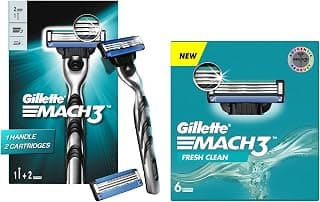 Gillette Mach 3 (Handle + 2 Cartridges) Razor for Men and Gillette Mach 3 Shaving Blades- Pack Of 6 (Cartridges) | Razor blades for men