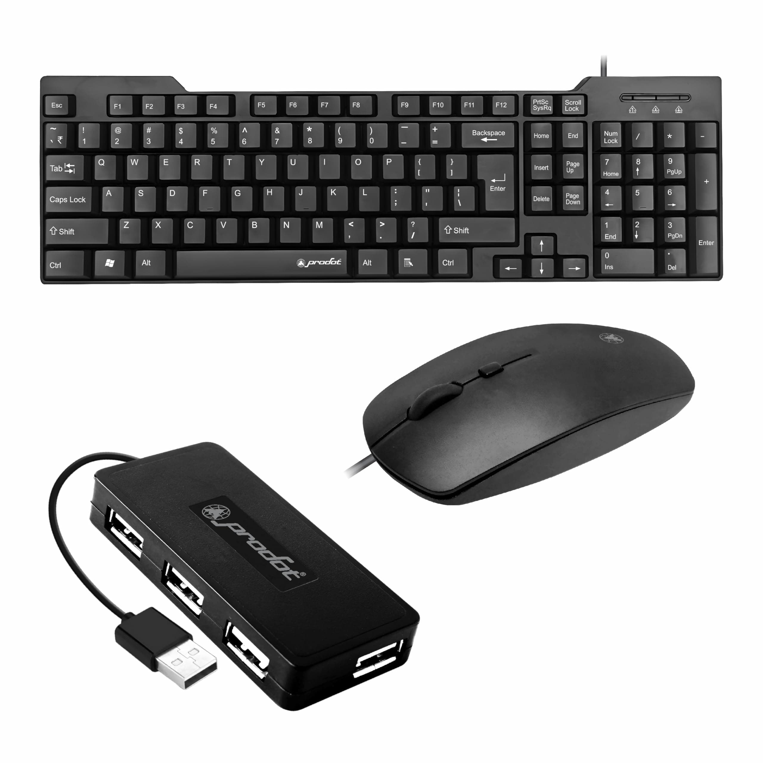Prodot Set of 3 High-Performance Keyboard Mouse Combo with USB Hub Combo Set for Laptop, Computer, PC
