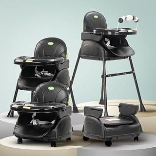 BAYBEE 4 in 1 Convertible High Chair with Adjustable Height and Footrest,Baby Toddler Feeding Booster Seat with Tray,Wheels,Safety Belt and Cushion,for Boys & Girls 6 Months to 3 Yrs (Nora Black)