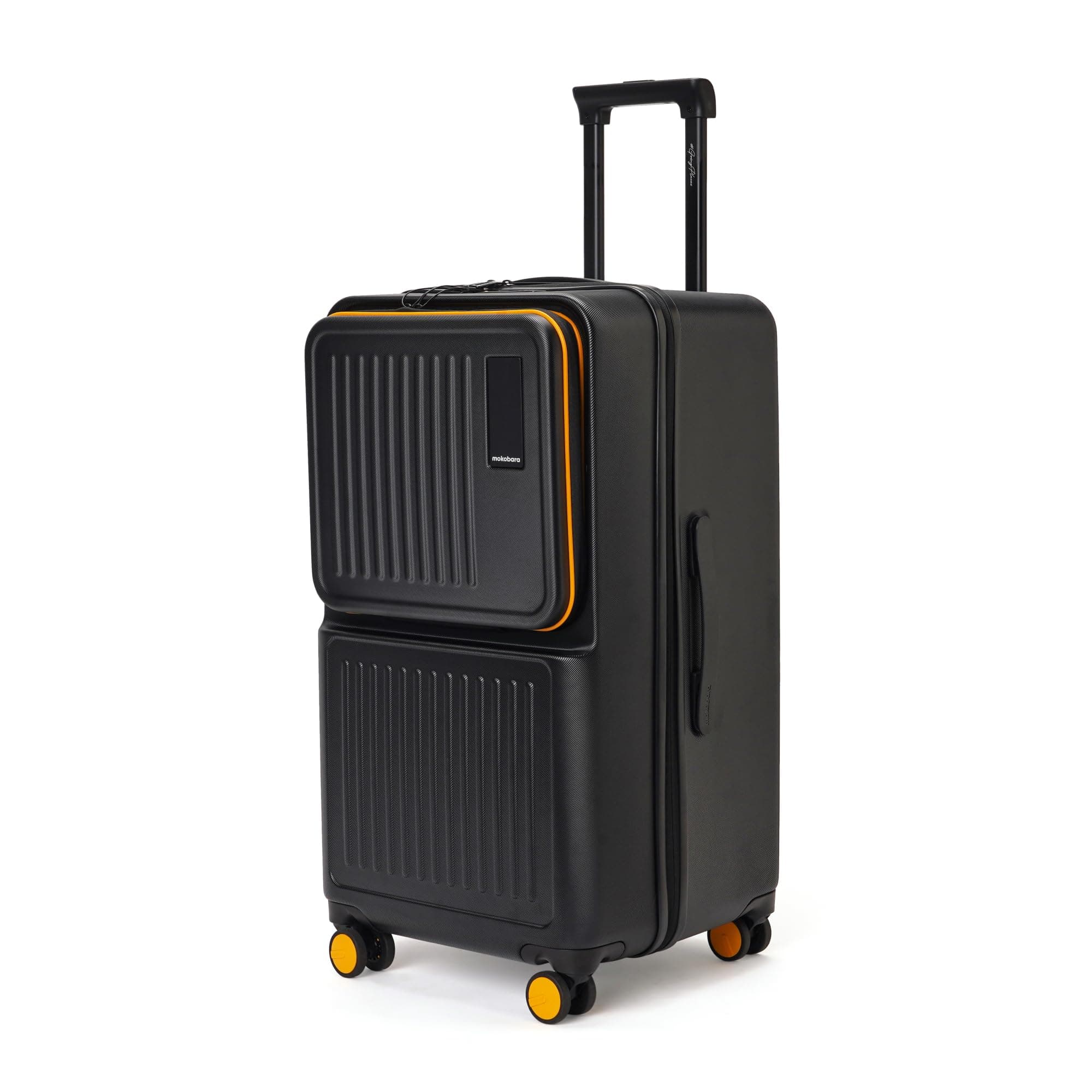 MOKOBARA Transit Trunk Luggage Trolley Bag-70.5cm(82L),Polycarbonate Hardshell,Detachable Shelves,Front Pocket,TSA Lock,360°Silent Wheels,YKK Zipper,for 15+ Day Trip,Black&Yellow(Money Moves Sunray)