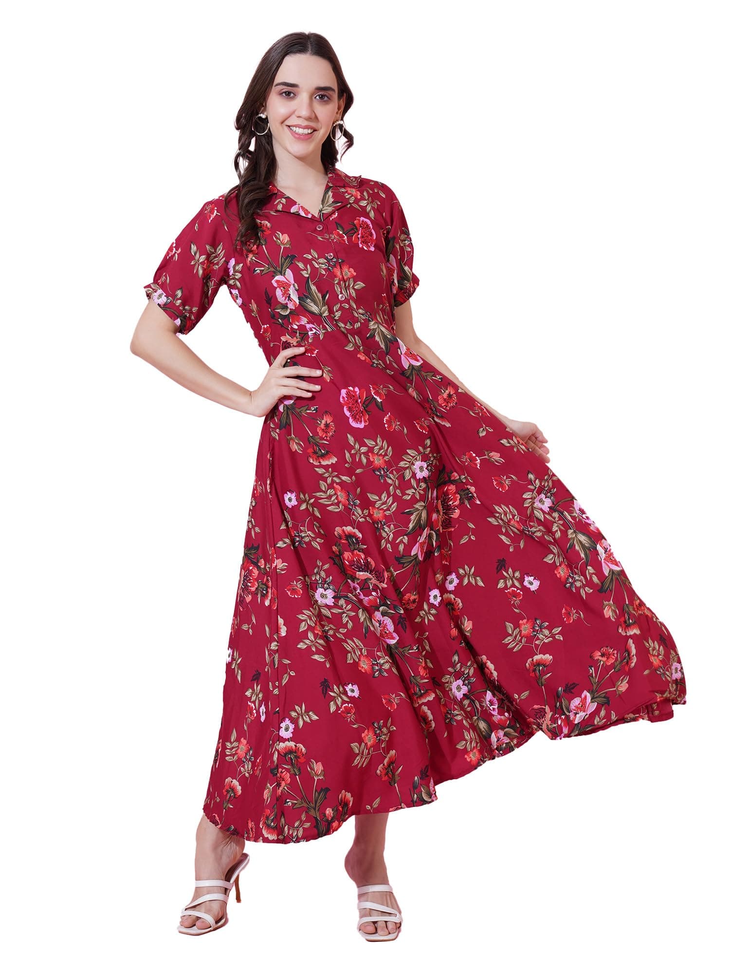 Indietoga Women's Plus Size Printed Fit and Flare Long Maxi Dress (10001249_Maroon Floral_2XL)