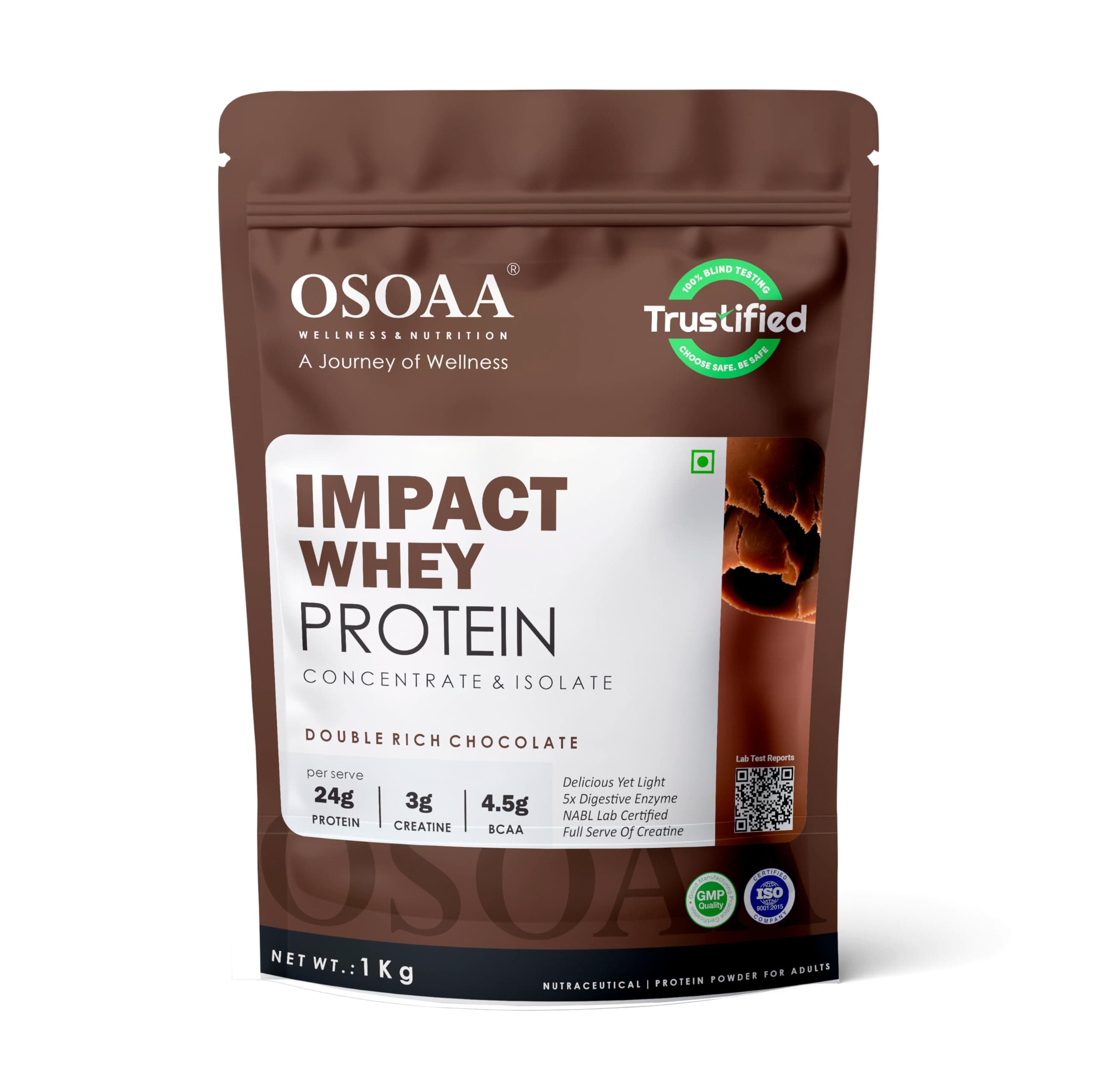 OSOAA Impact Whey Protein 1kg -Double Rich Chocolate | Isolate & Concentrate | 24g Protein & 3g Creatine with 5X Digestive Enzymes | Trustified Certified & NABL Lab Tested