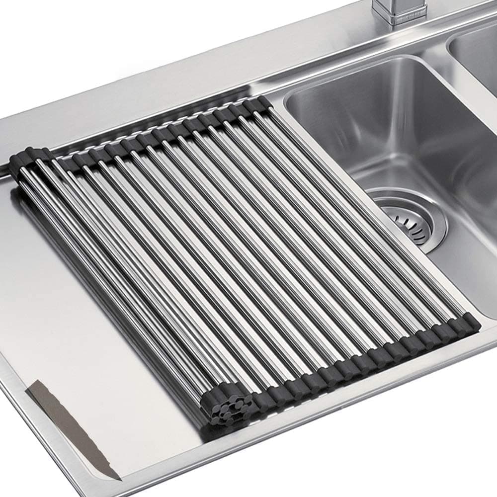IMOX 20 pcs Pipe Stainless Steel Folding Fruit Vegetable Drying Rack, Dish Drying Rack, Roll Up Over Sink Rack, Kitchen Foldable Drying Drainer Mat - 45.7 x 45.7 x 1.5 cm - Black