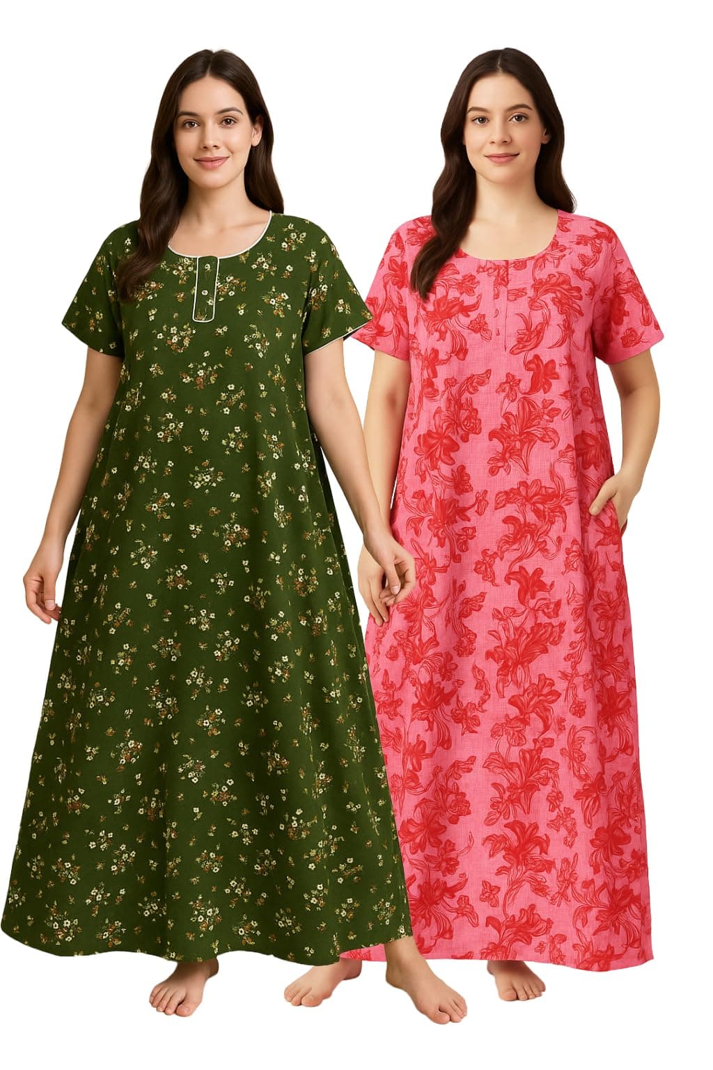 Bahumaan Nighty for Women Cotton Combo Pack of 2 | Free Size Gown for Women Cotton with Side Pocket | Nighties for Women Pure Cotton Combo Stylish | Maxi Sleepwear