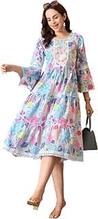 LIBOZA 100% Cotton Floral Print Tiered Midi Dress, Bell Sleeves, Lace Trim Detail, White and Multicolour for Women, Office, Party, All Occassions