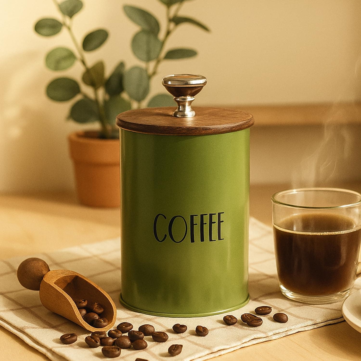 Picfest Coffee Jar Storage Container with Wooden Lid, Airtight Kitchen Canister, Green Tin, 1100 ml