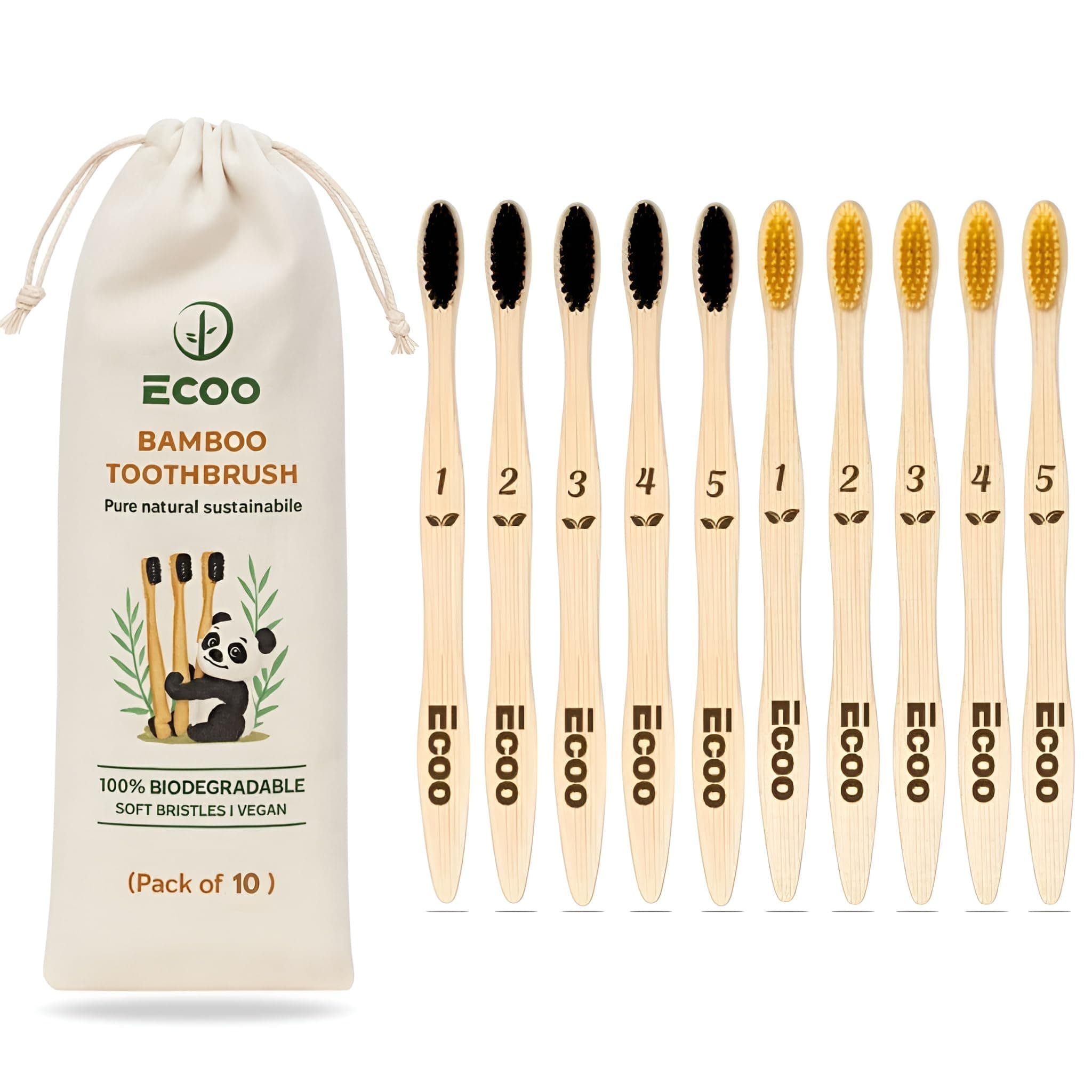 Eco-friendly Bamboo Wooden Toothbrush For Adults Teeth With Activated Charcoal | Soft Bristles | Biodegradable And Sustainable (Pack Of 10)