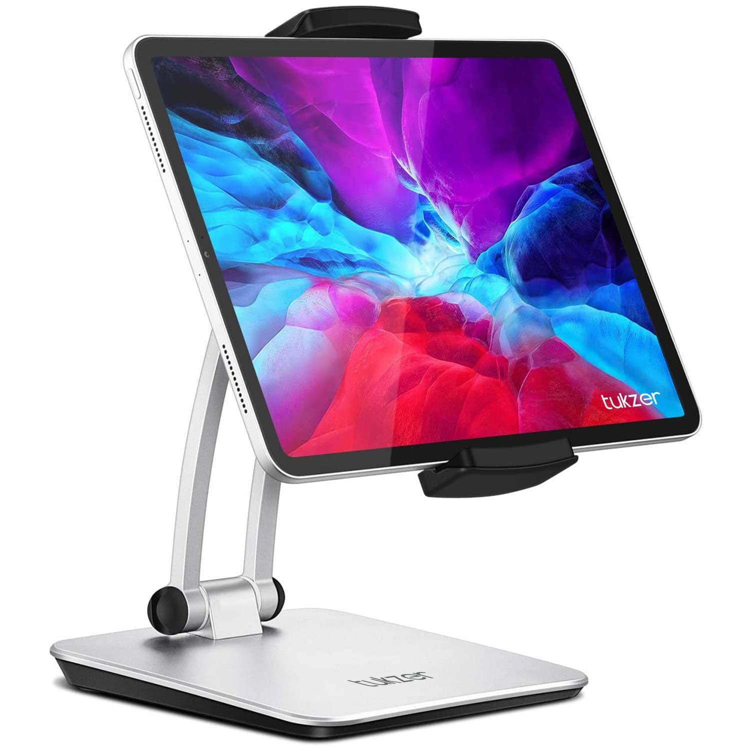 Tukzer Foldable Professional Tablet & Mobile Stand Holder with 360° Swivel & Height/Angle Adjustment| Sturdy & Heavy Metal Base, Solid Structure Cable Clips| for Up to 12 Inch Screen Devices (Grey)